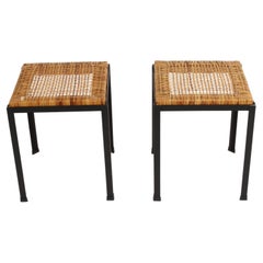 Danny Ho Fong 1960s MCM Black Iron & Natural Wicker Caned Stools or Side Tables 