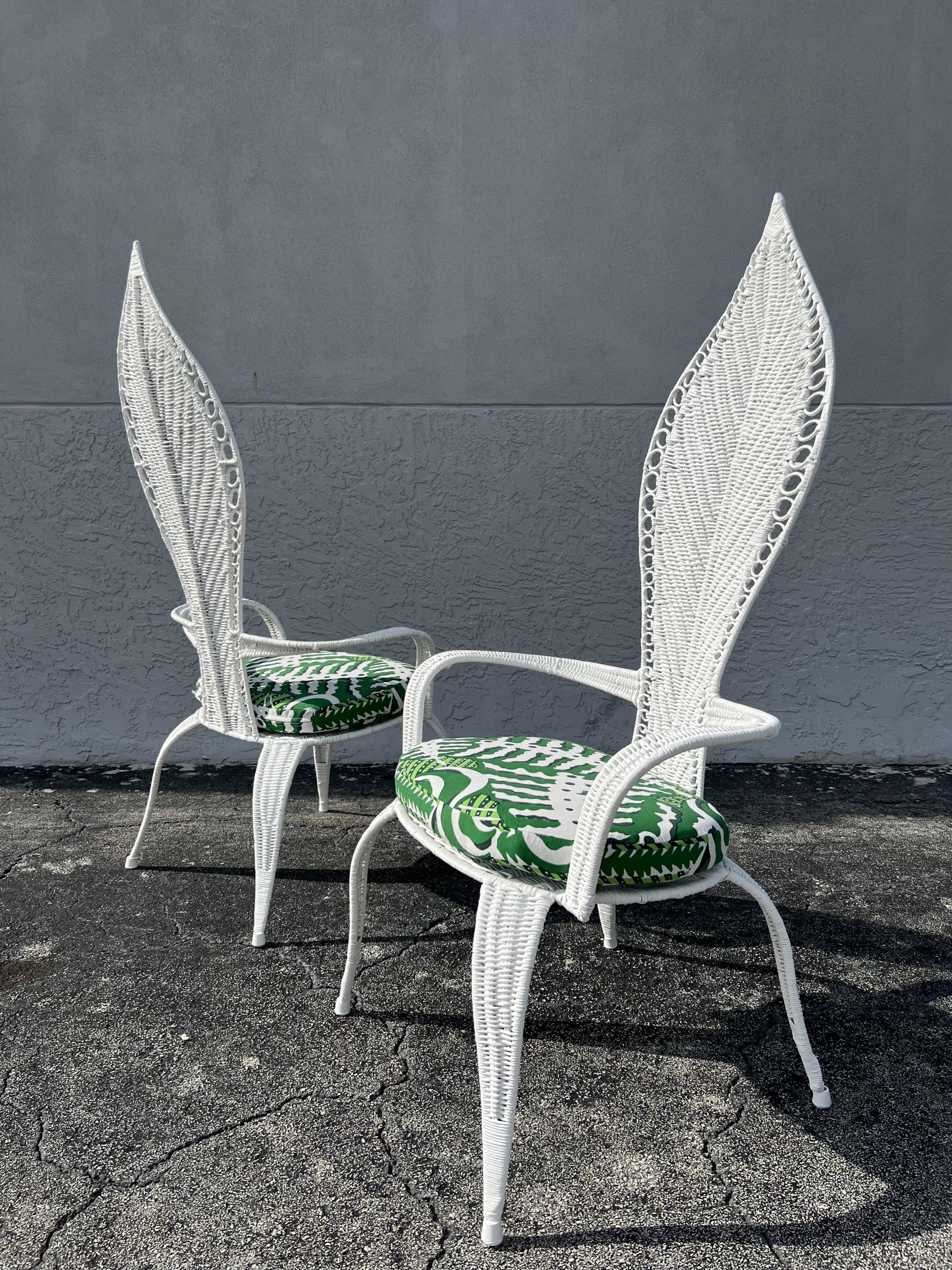 Pair of Danny Ho Fong For Tropi-Cal attributed woven high back chairs. Imperfections under newly lacquered finish, newly upholstered (please refer to photos). Additional photos available upon request. 

Would work well in a variety of interiors