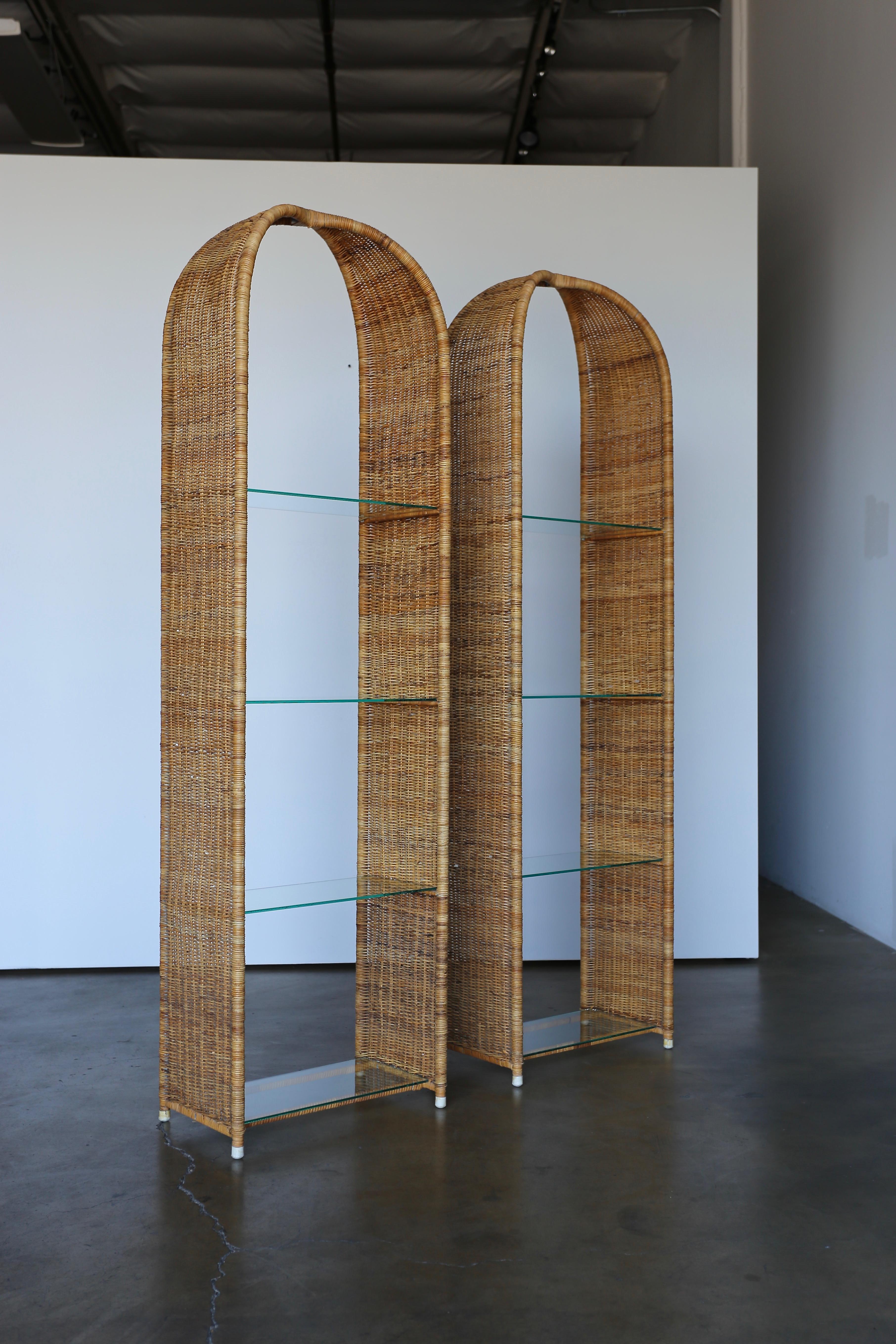 Danny Ho Fong for Tropi-Cal pair of etageres. Rare detail to the top of each etagere / bookcase.