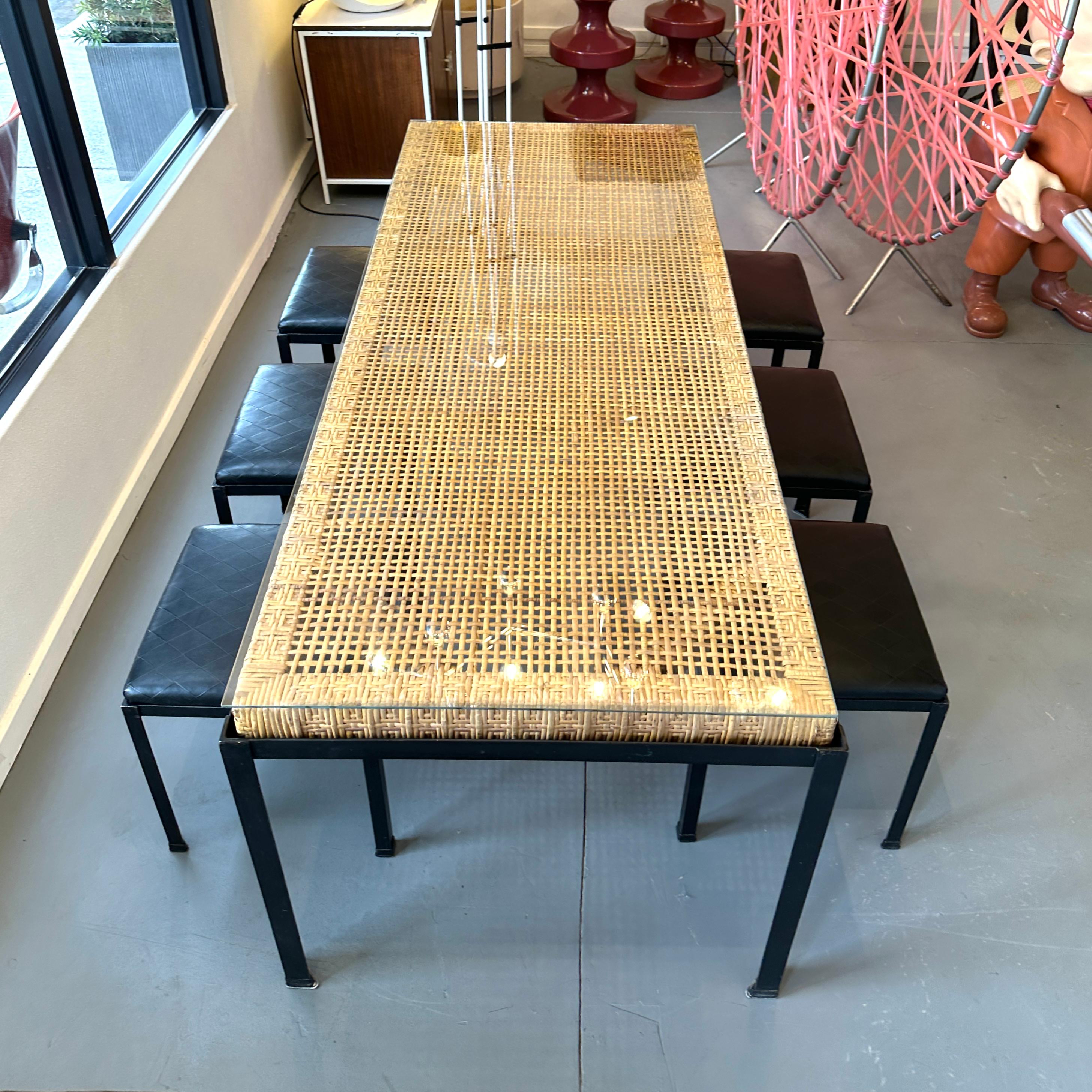 Painted Danny Ho Fong for Tropi-Cal Wicker and Iron Dining Table and Chairs, ca 1960s For Sale