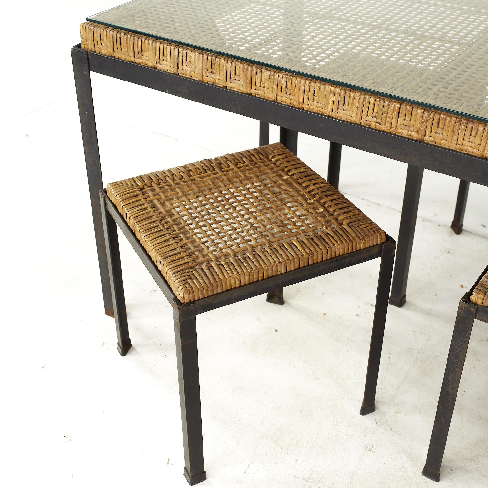 Late 20th Century Danny Ho Fong Mid Century Iron and Cane Dining Table with 6 Stools For Sale