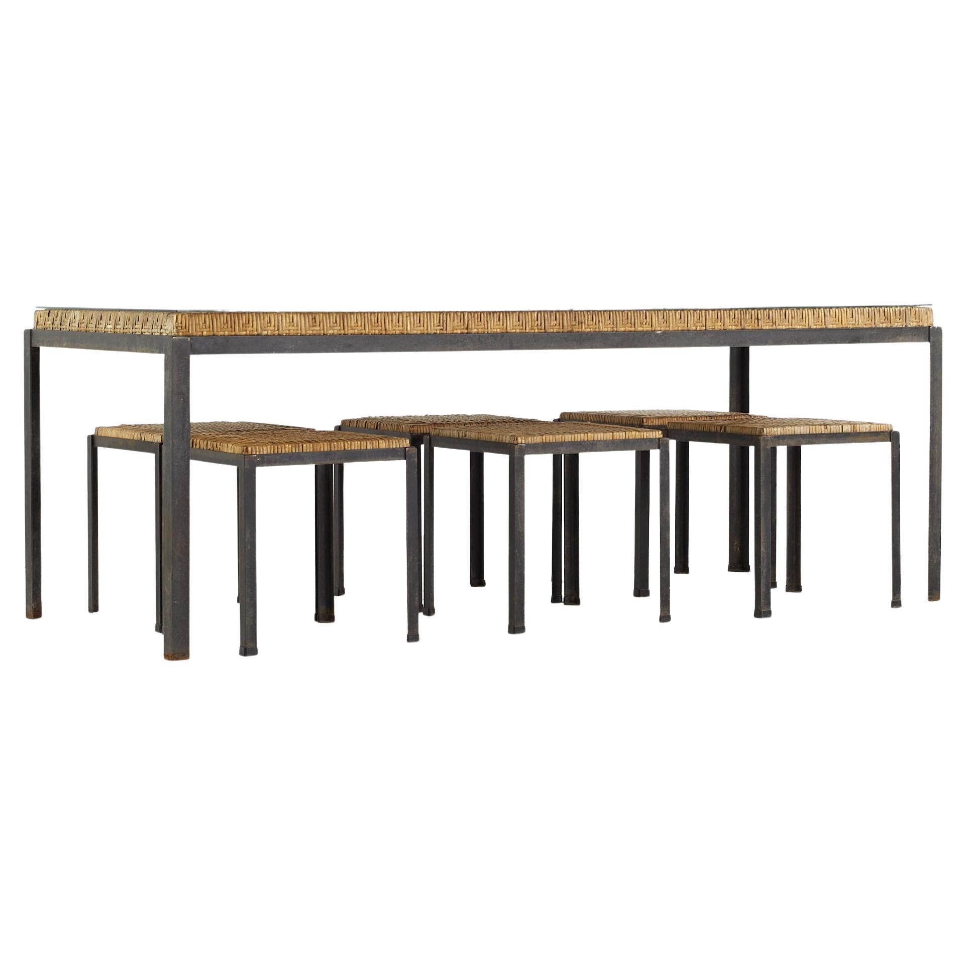 Danny Ho Fong Mid Century Iron and Cane Dining Table with 6 Stools For Sale