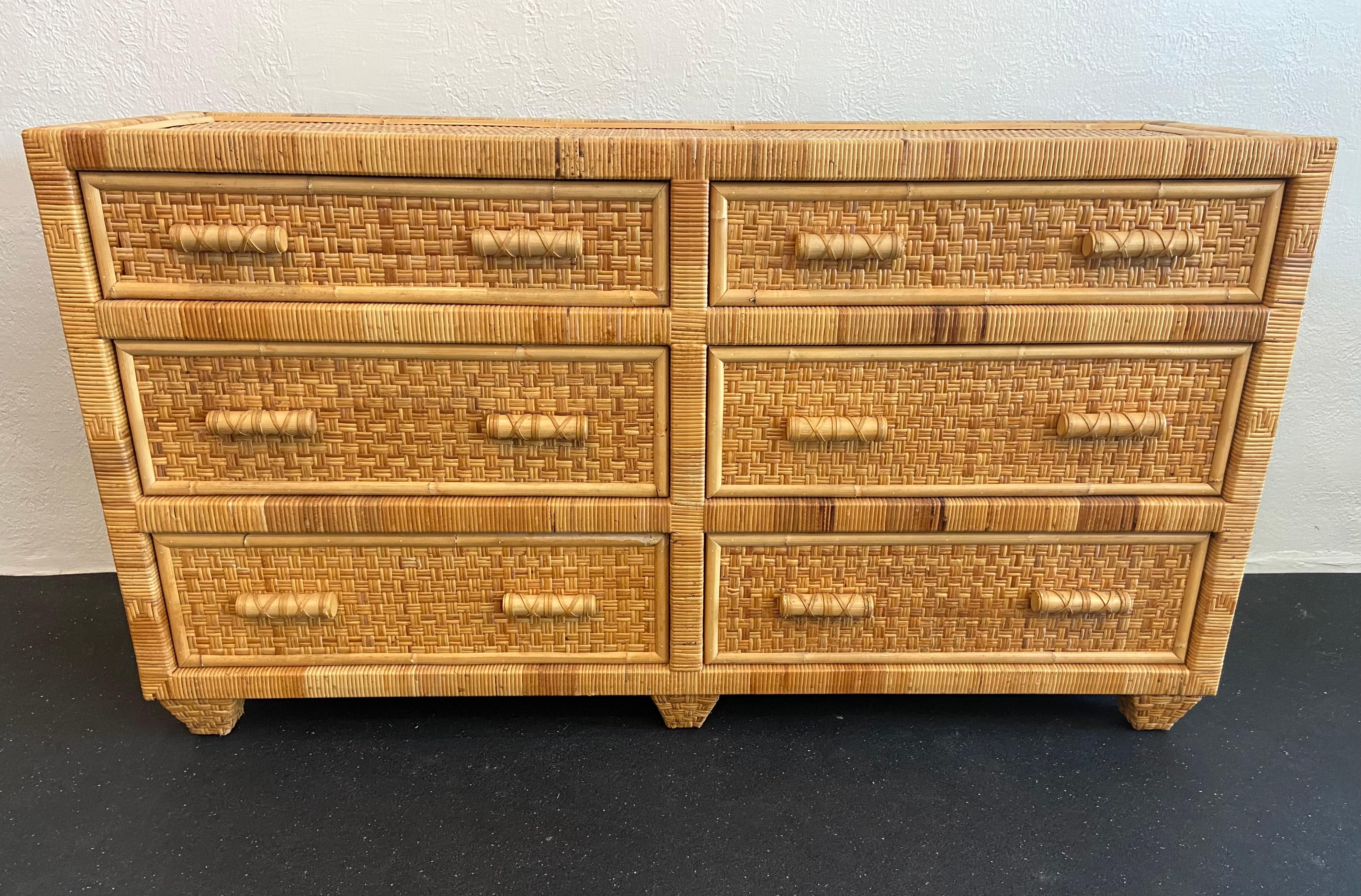 Danny Ho Fong Style Cane and Leather Wrapped Dresser In Good Condition In West Palm Beach, FL