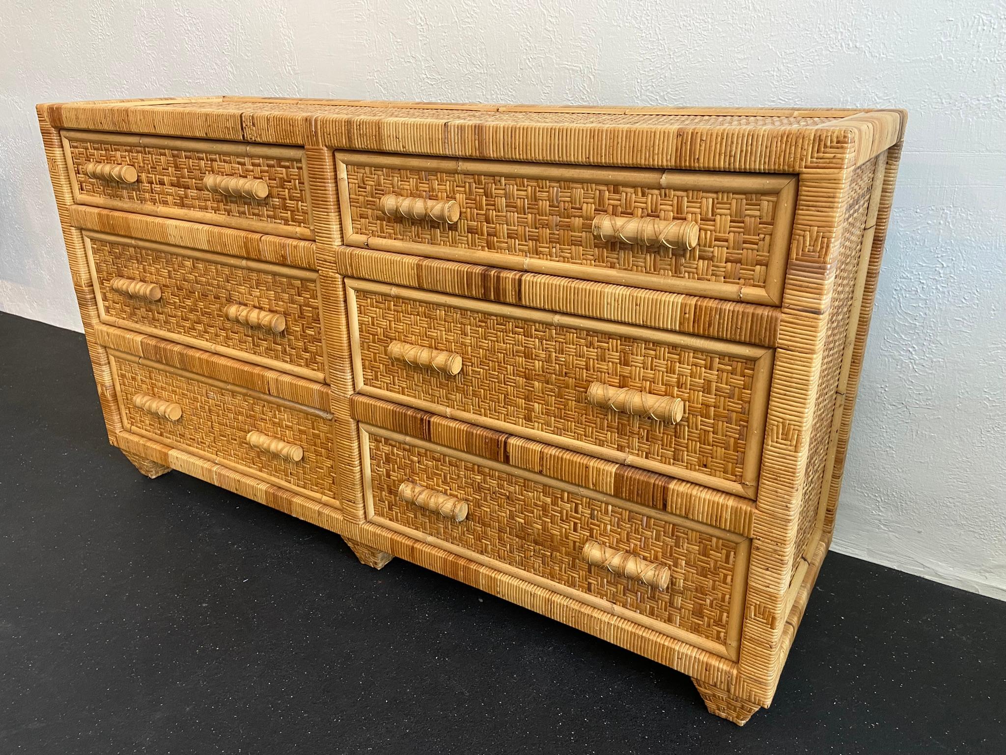 Late 20th Century Danny Ho Fong Style Cane and Leather Wrapped Dresser
