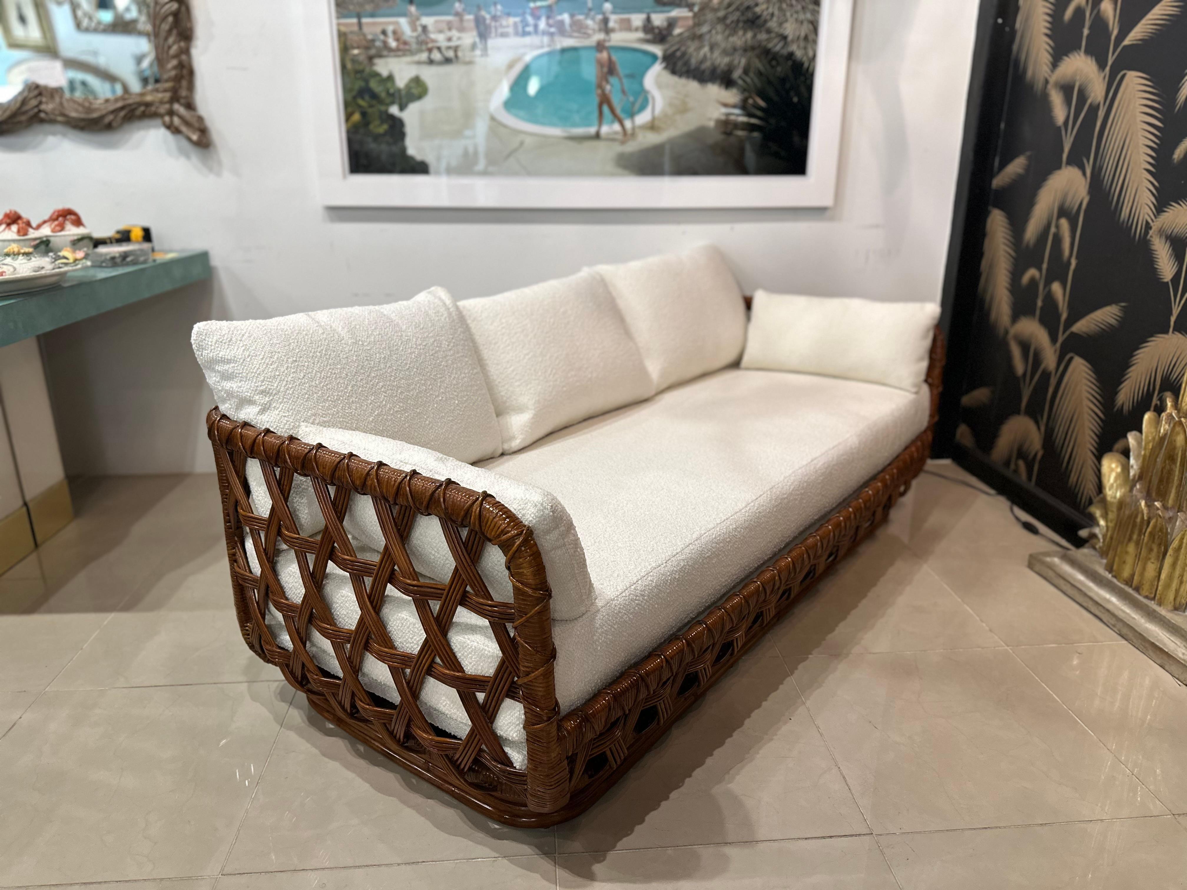 Danny Ho Fong Tanganika Tropi-Cal Sofa Rare Basket Rattan Restored Boucle For Sale 3