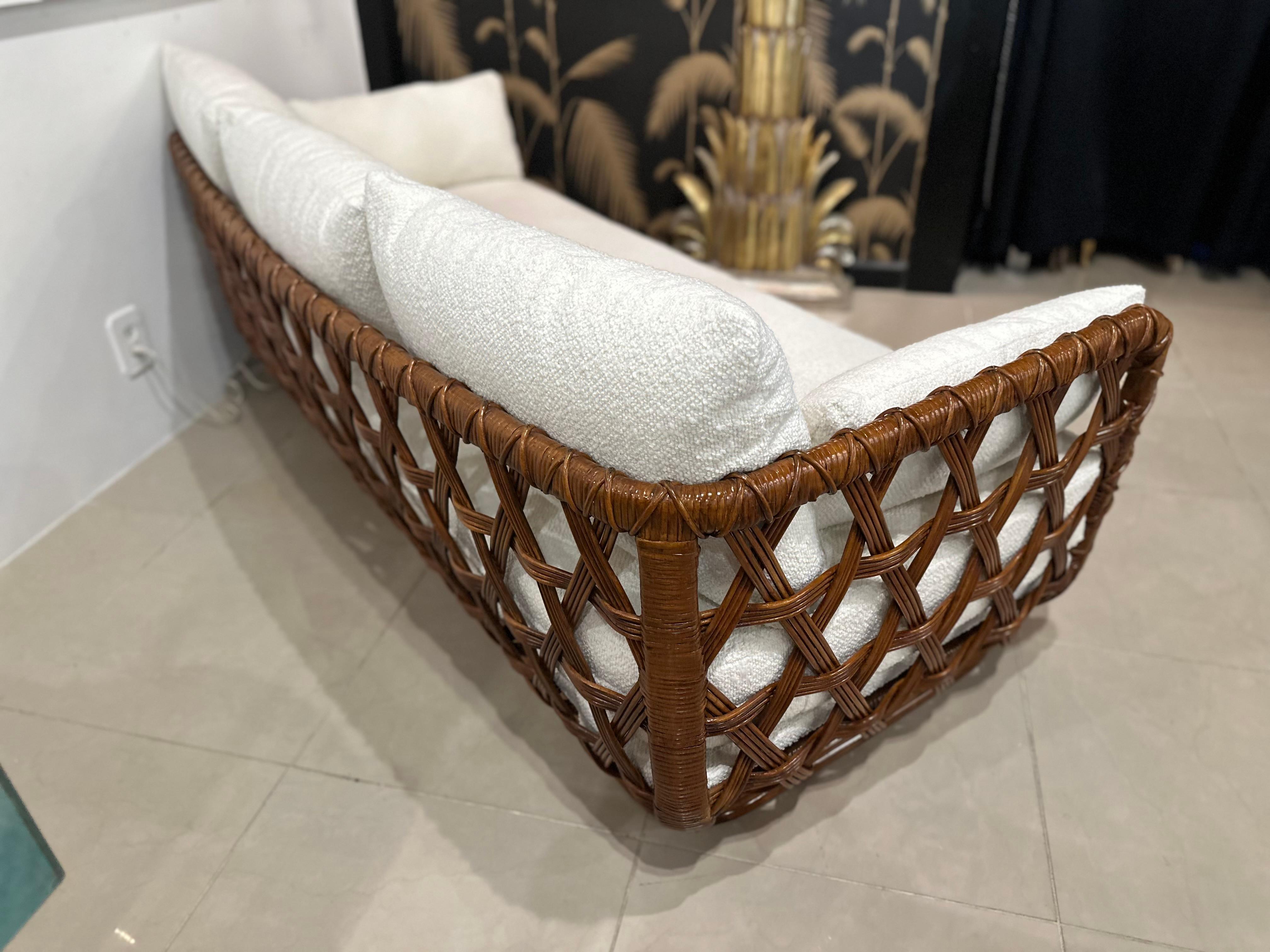 Danny Ho Fong Tanganika Tropi-Cal Sofa Rare Basket Rattan Restored Boucle For Sale 4