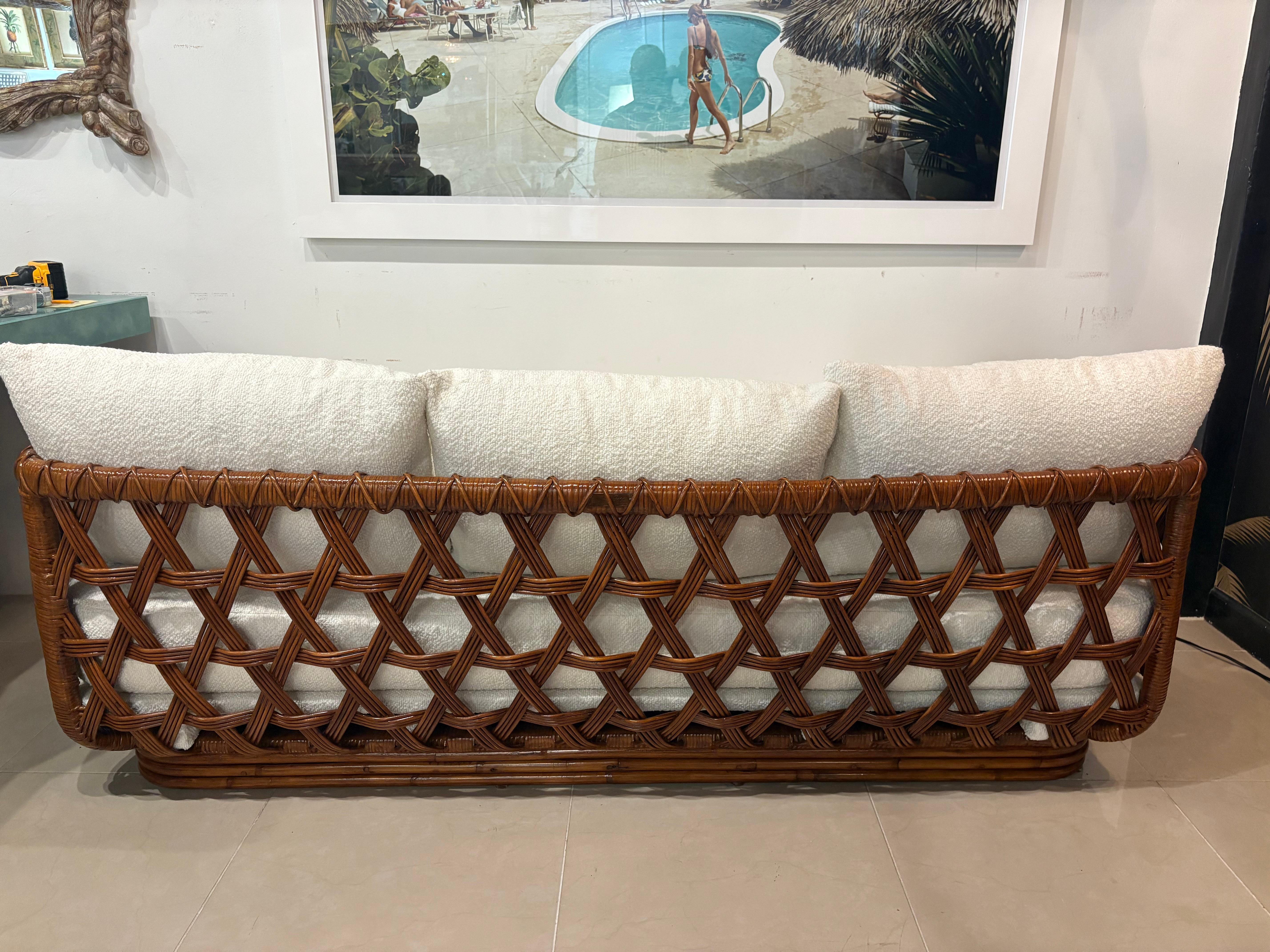 Danny Ho Fong Tanganika Tropi-Cal Sofa Rare Basket Rattan Restored Boucle For Sale 5
