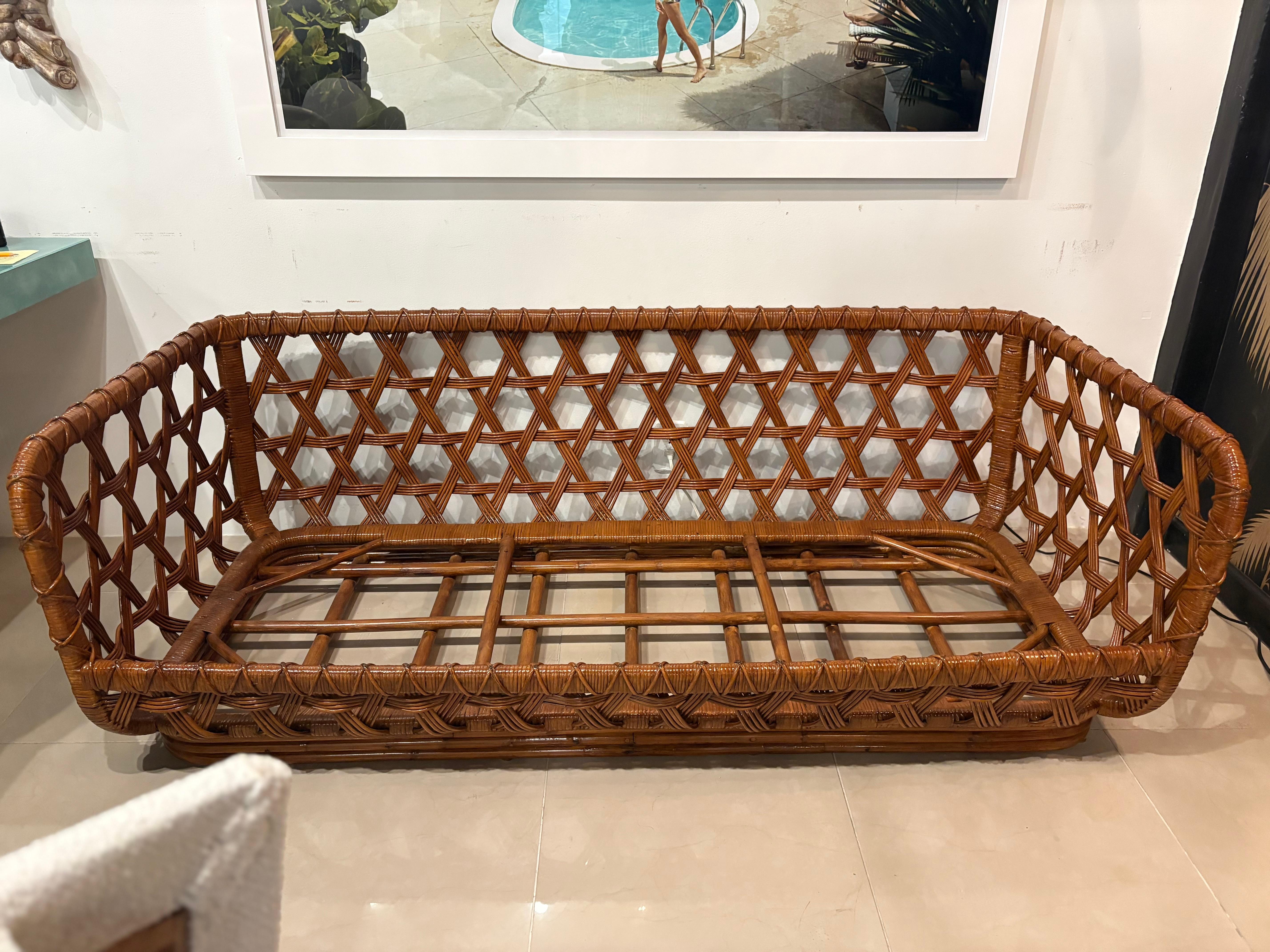 Danny Ho Fong Tanganika Tropi-Cal Sofa Rare Basket Rattan Restored Boucle For Sale 6
