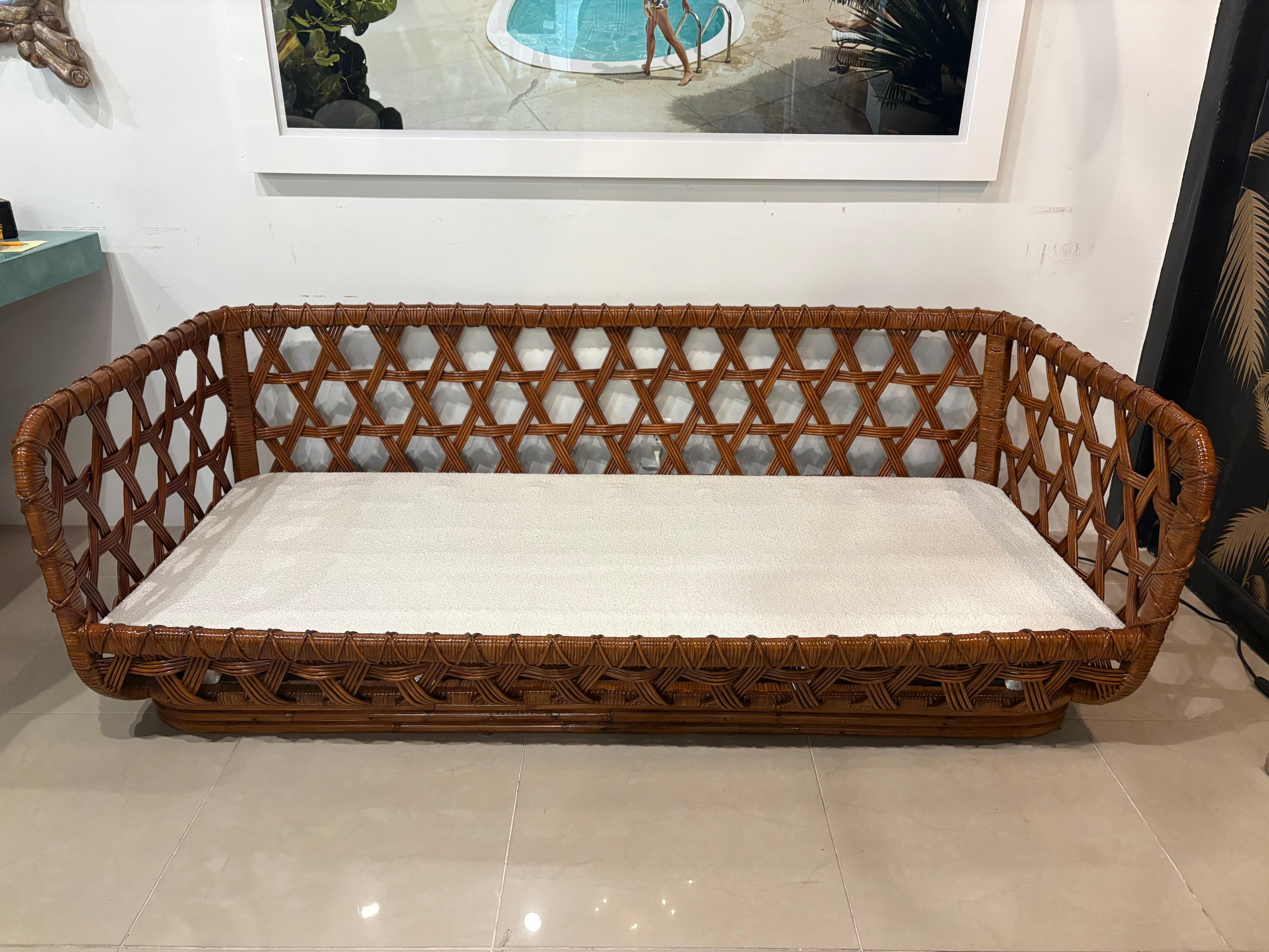 Danny Ho Fong Tanganika Tropi-Cal Sofa Rare Basket Rattan Restored Boucle For Sale 8