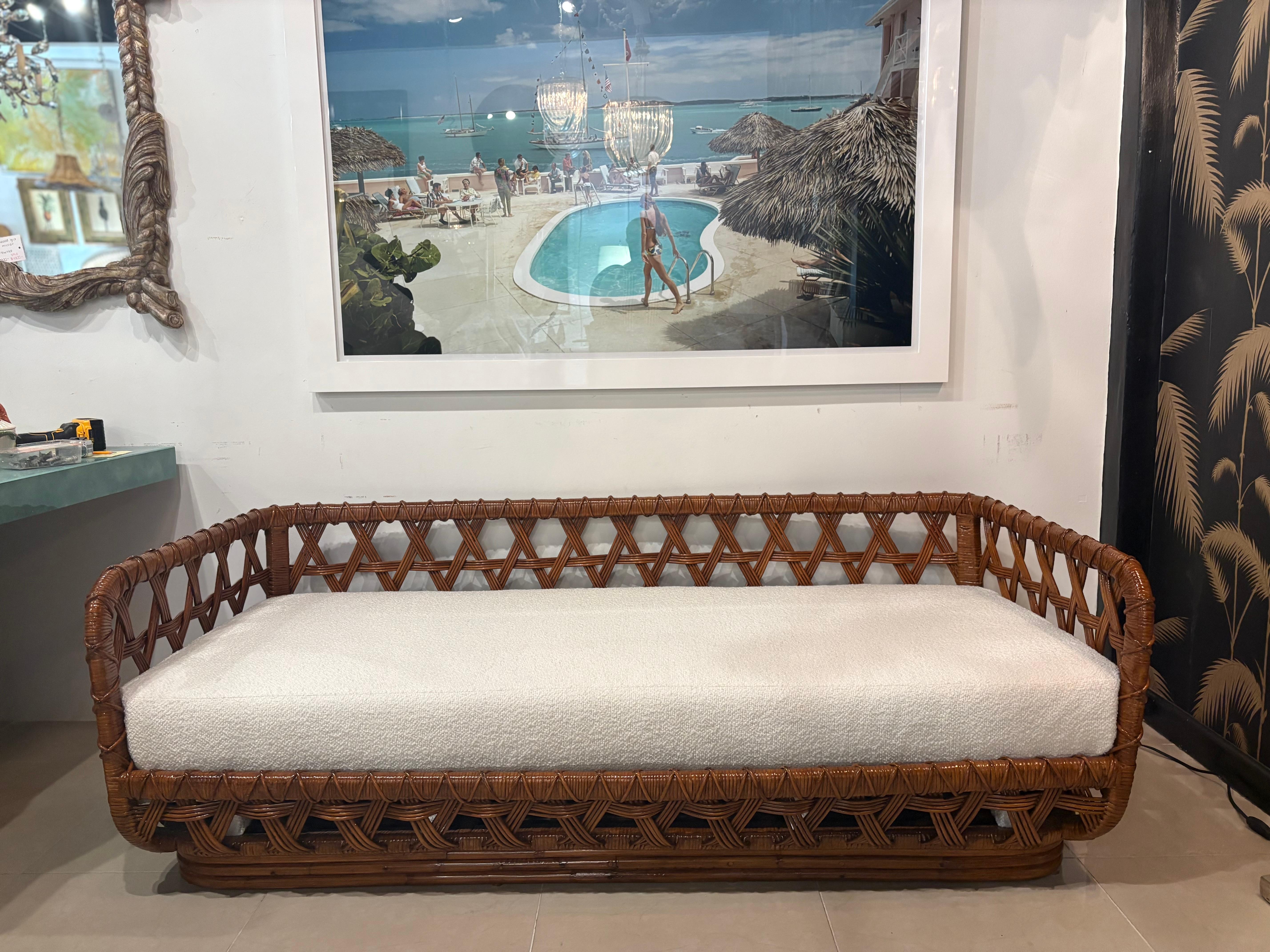 Danny Ho Fong Tanganika Tropi-Cal Sofa Rare Basket Rattan Restored Boucle For Sale 9