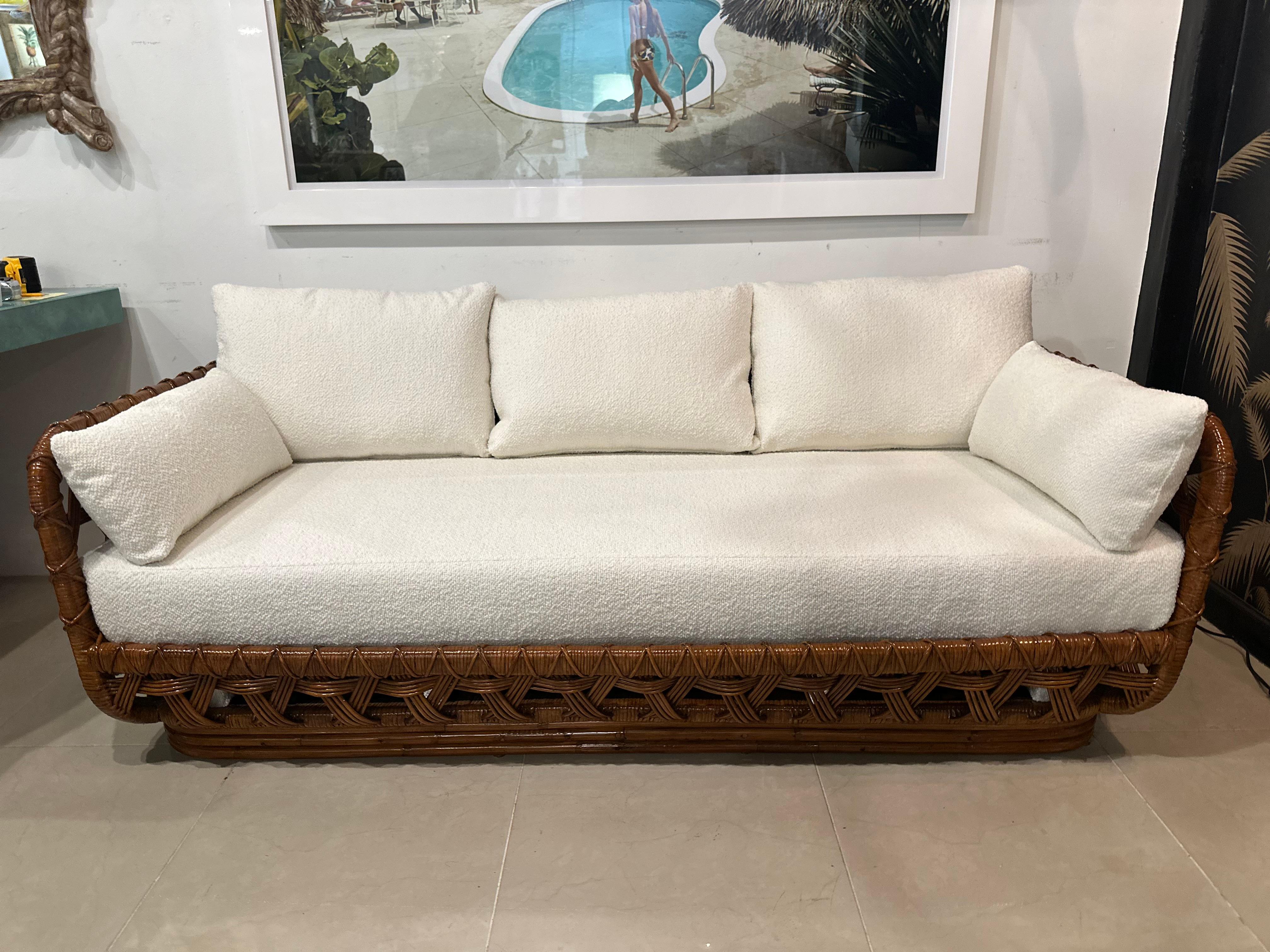 Danny Ho Fong Tanganika Tropi-Cal Sofa Rare Basket Rattan Restored Boucle For Sale 10