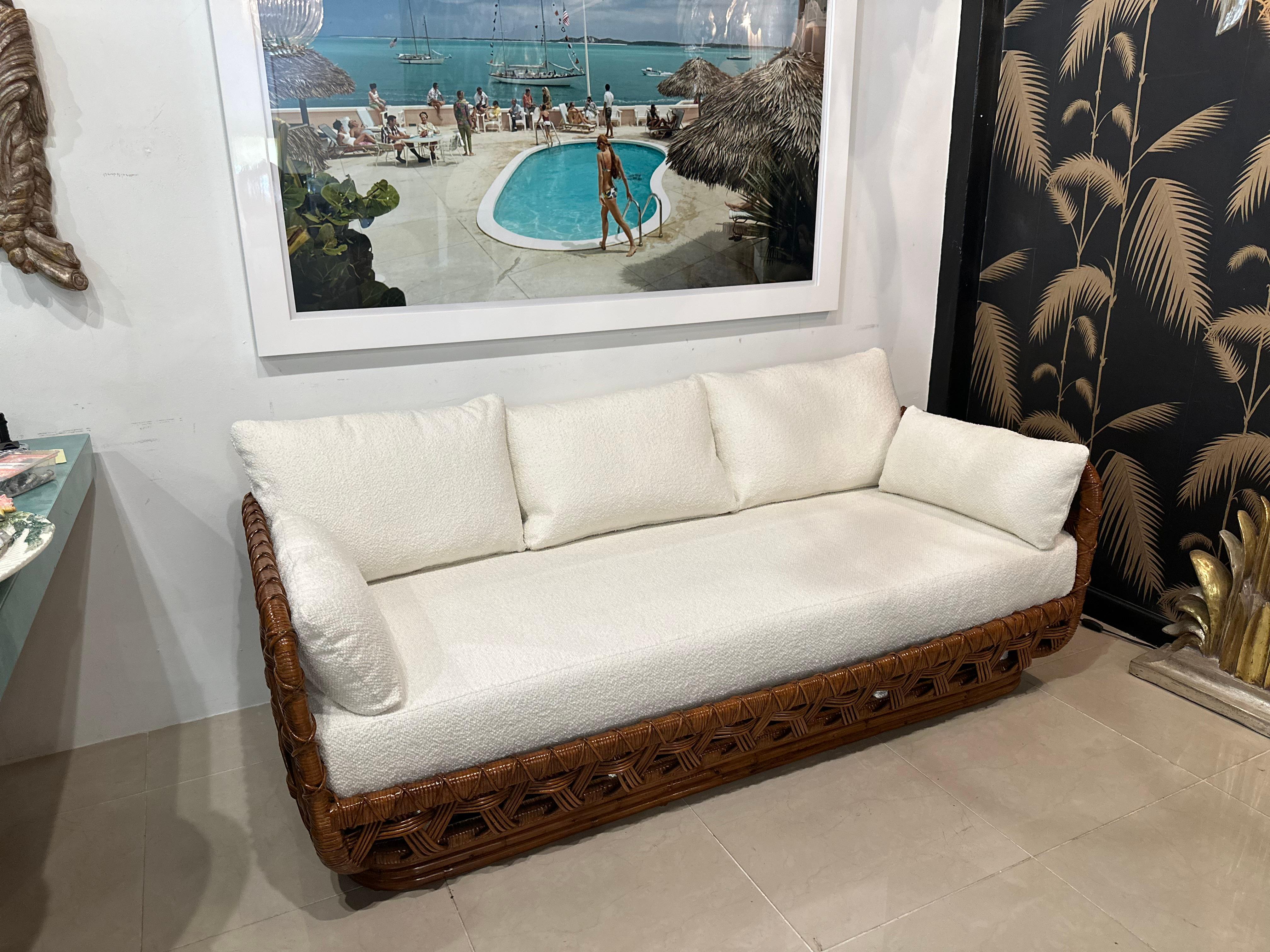 Organic Modern Danny Ho Fong Tanganika Tropi-Cal Sofa Rare Basket Rattan Restored Boucle For Sale