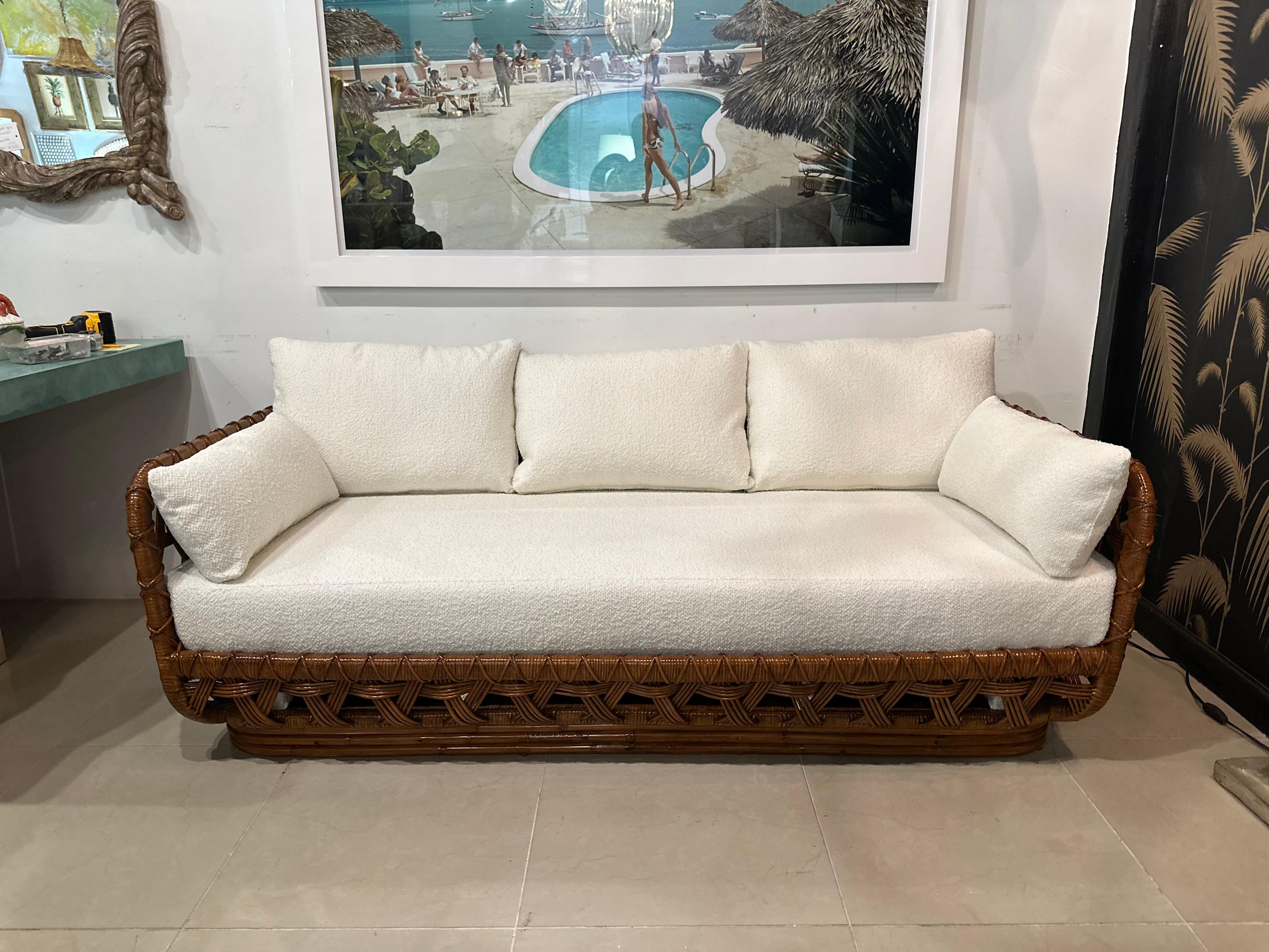 American Danny Ho Fong Tanganika Tropi-Cal Sofa Rare Basket Rattan Restored Boucle For Sale