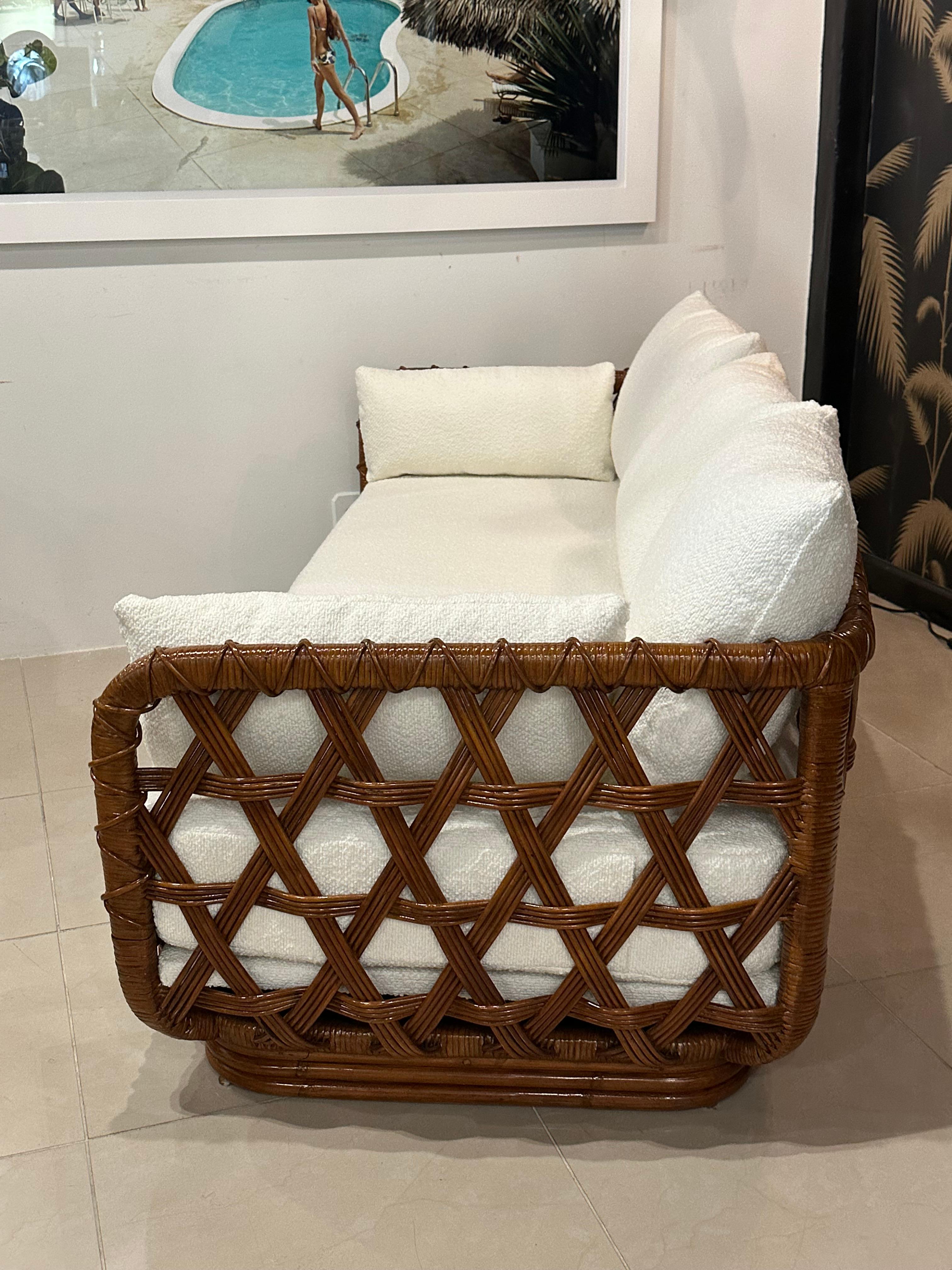 Danny Ho Fong Tanganika Tropi-Cal Sofa Rare Basket Rattan Restored Boucle In Good Condition For Sale In West Palm Beach, FL