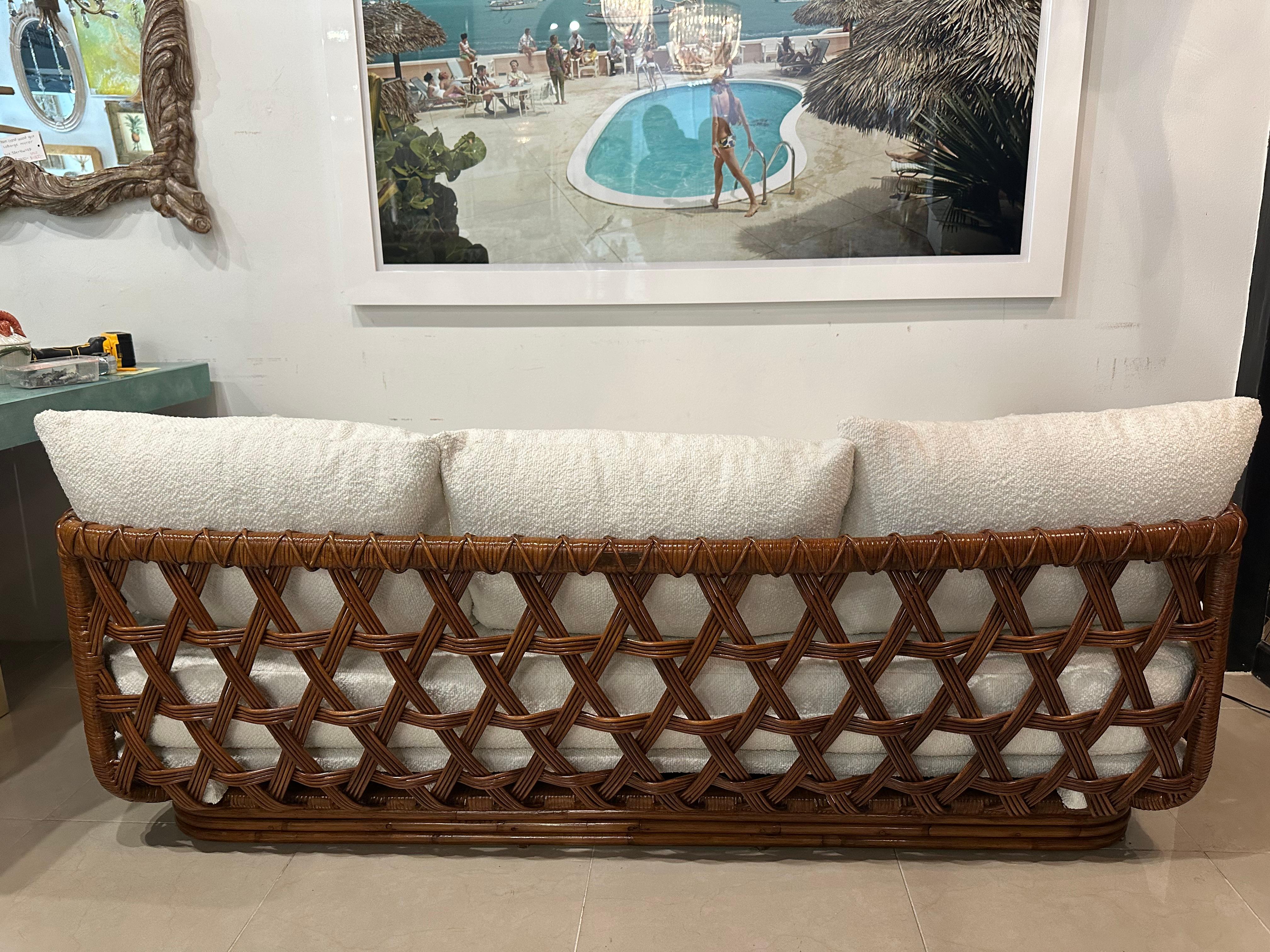 Late 20th Century Danny Ho Fong Tanganika Tropi-Cal Sofa Rare Basket Rattan Restored Boucle For Sale