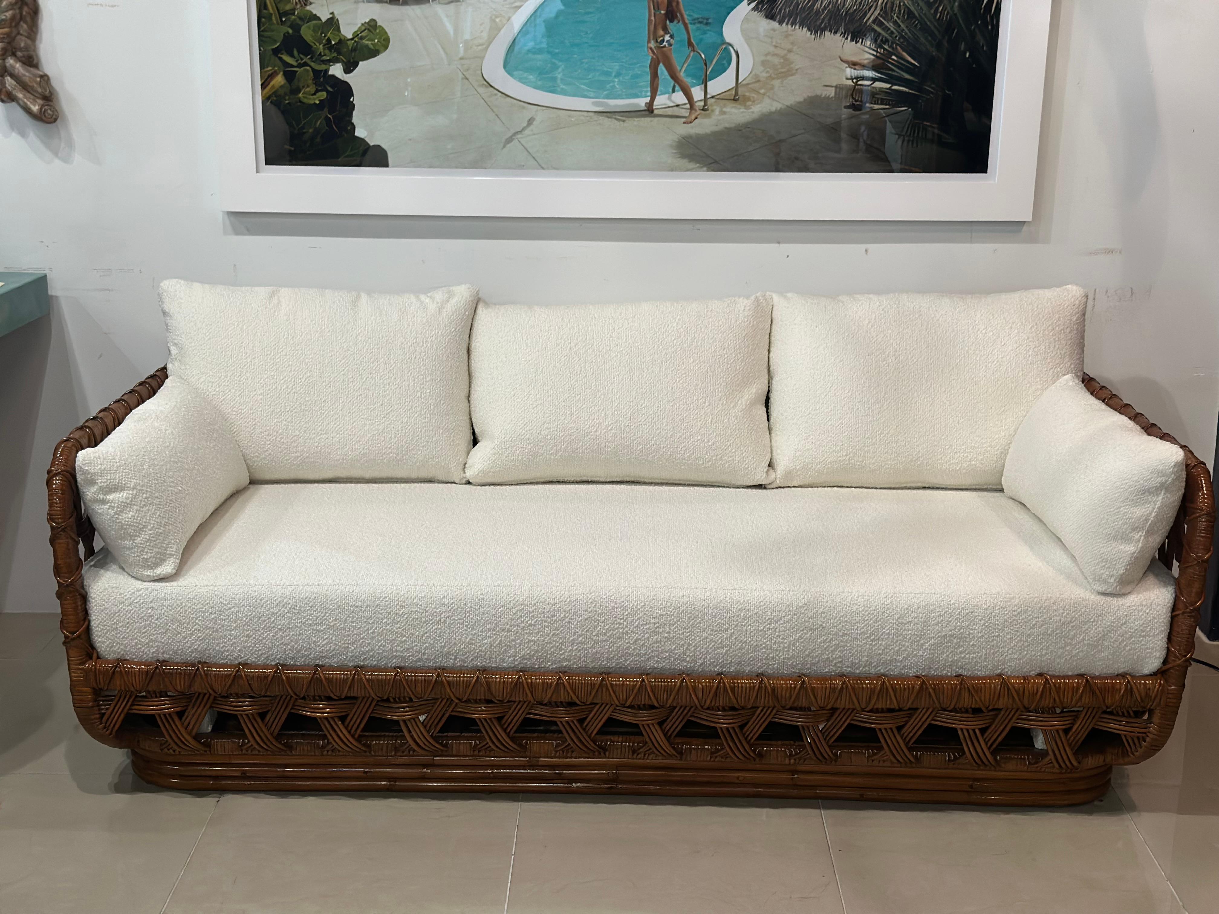 Danny Ho Fong Tanganika Tropi-Cal Sofa Rare Basket Rattan Restored Boucle For Sale 2
