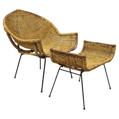 Danny Ho Fong Tropi-Cal Rattan and Wrought Iron Mid Century Lounge Chair Ottoman