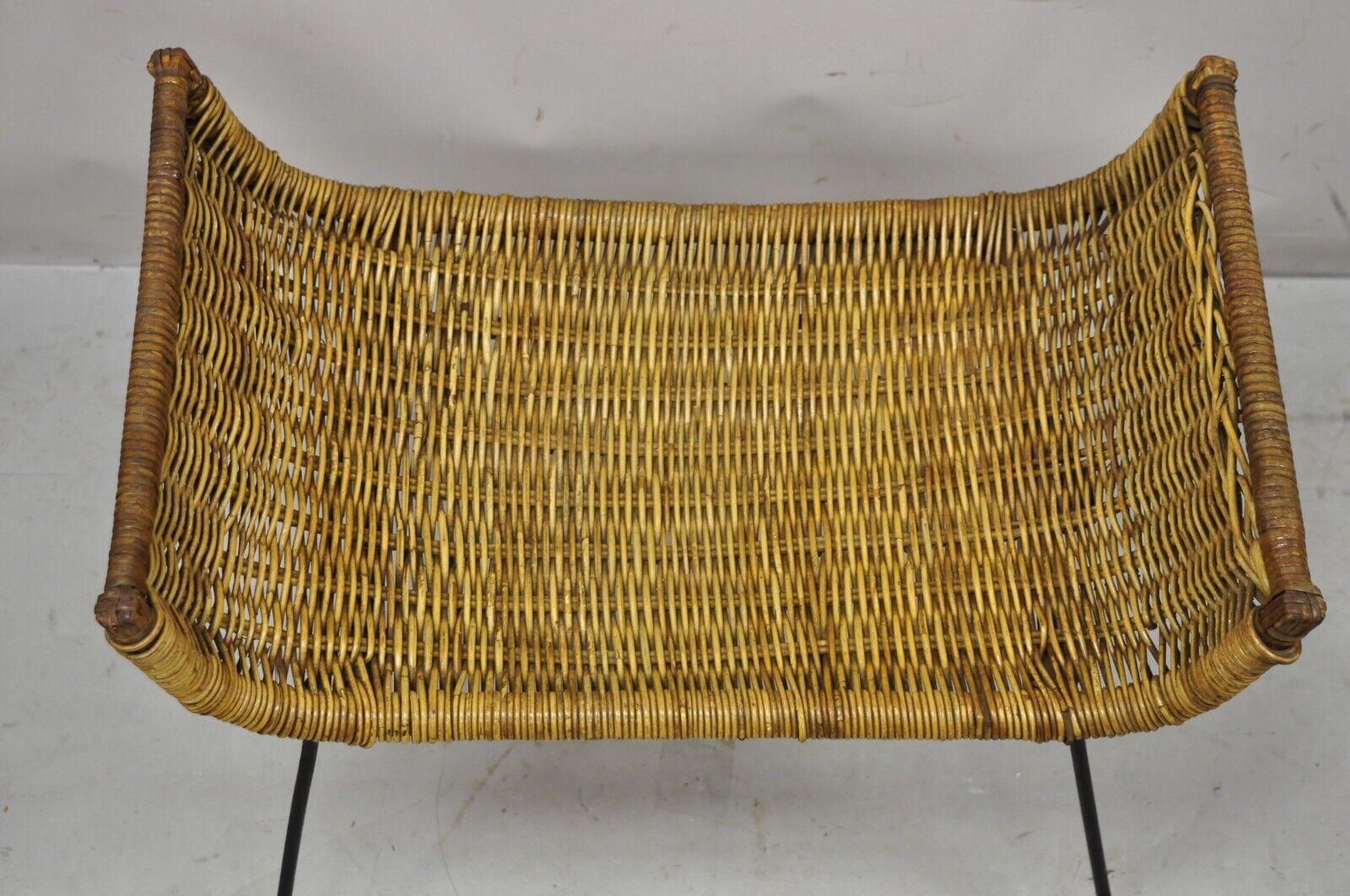 Mid-Century Modern Danny Ho Fong Tropi-cal Rattan and Wrought Iron Mid-Century Ottoman Footstool