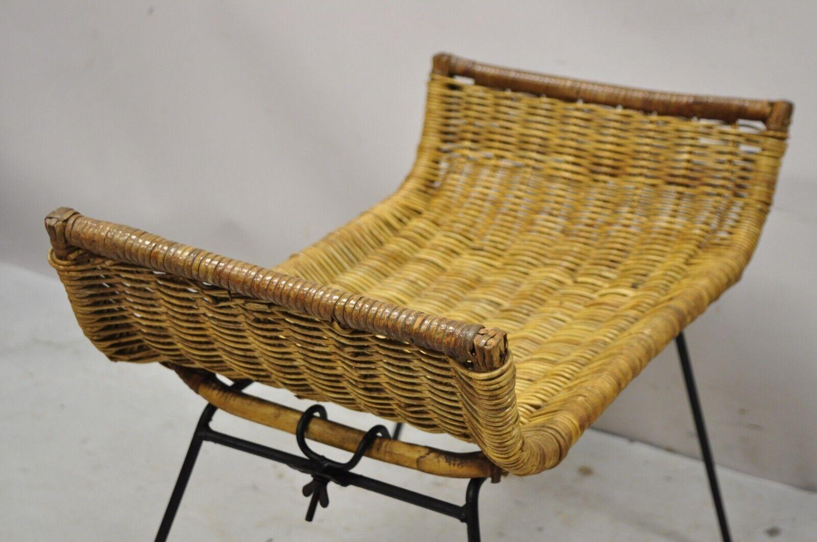 Danny Ho Fong Tropi-cal Rattan and Wrought Iron Mid-Century Ottoman Footstool In Good Condition In Philadelphia, PA
