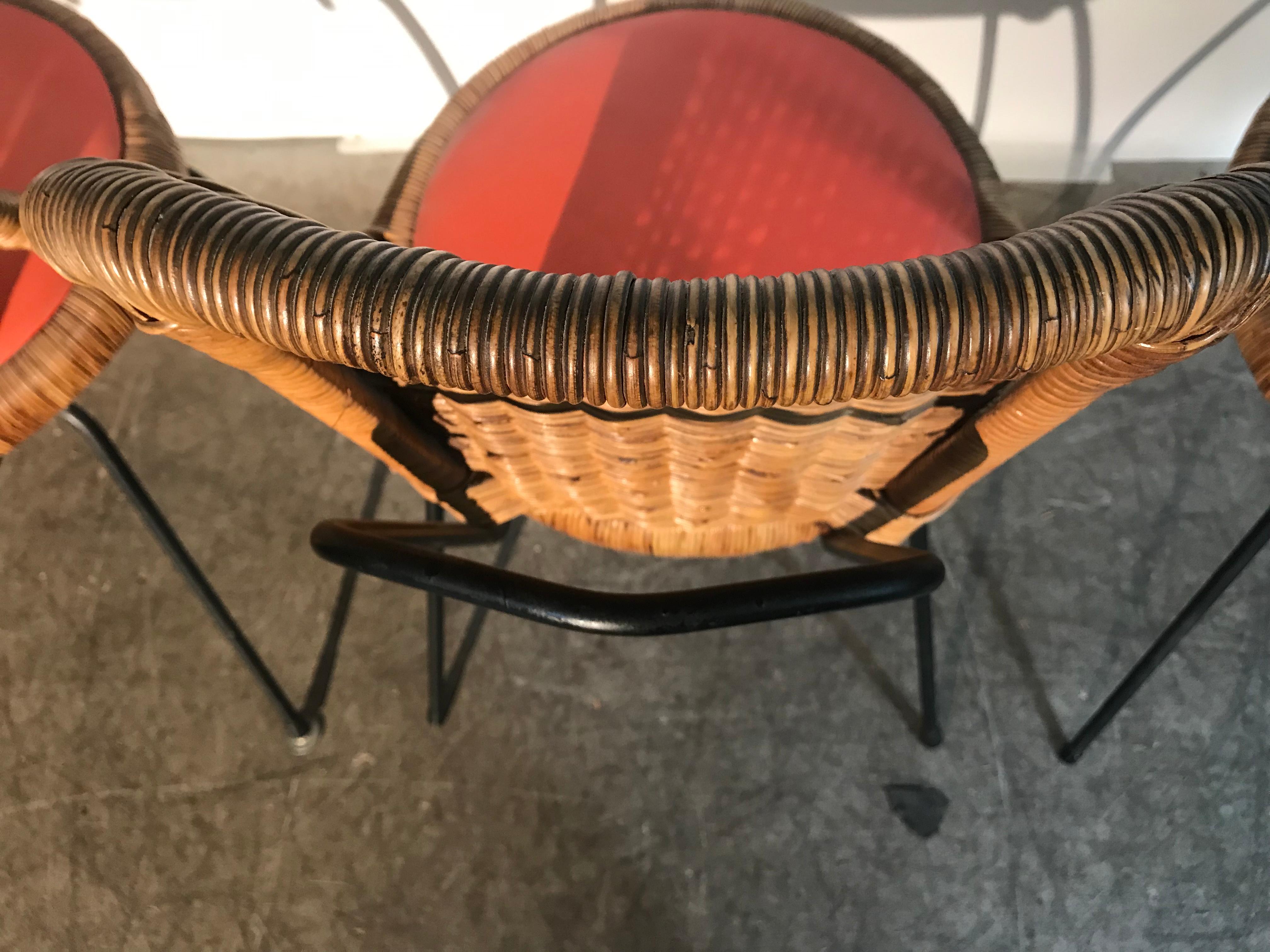 Mid-Century Modern Danny Ho Fong, Wicker and Iron Dinette Chairs for Tropical