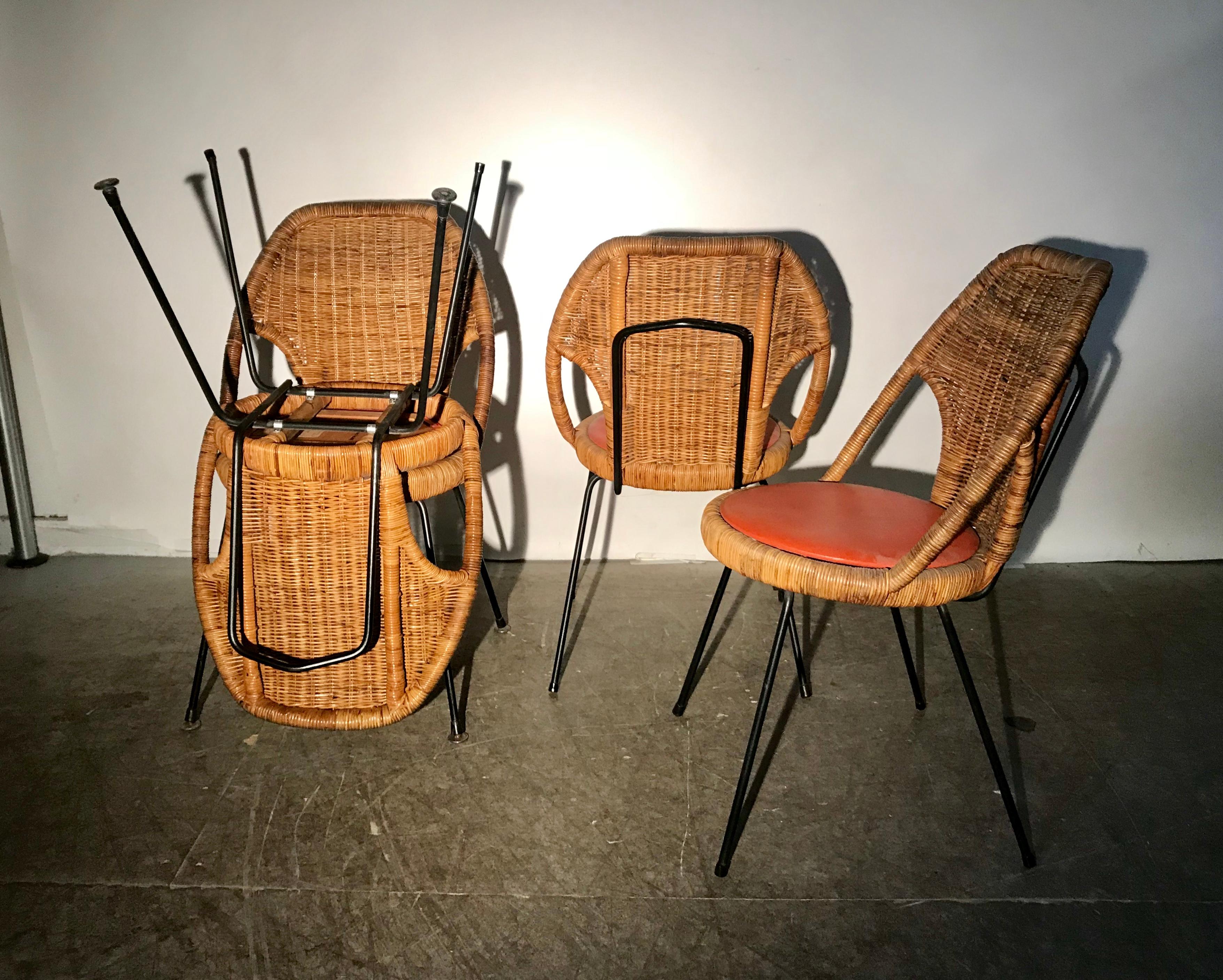 Naugahyde Danny Ho Fong, Wicker and Iron Dinette Chairs for Tropical