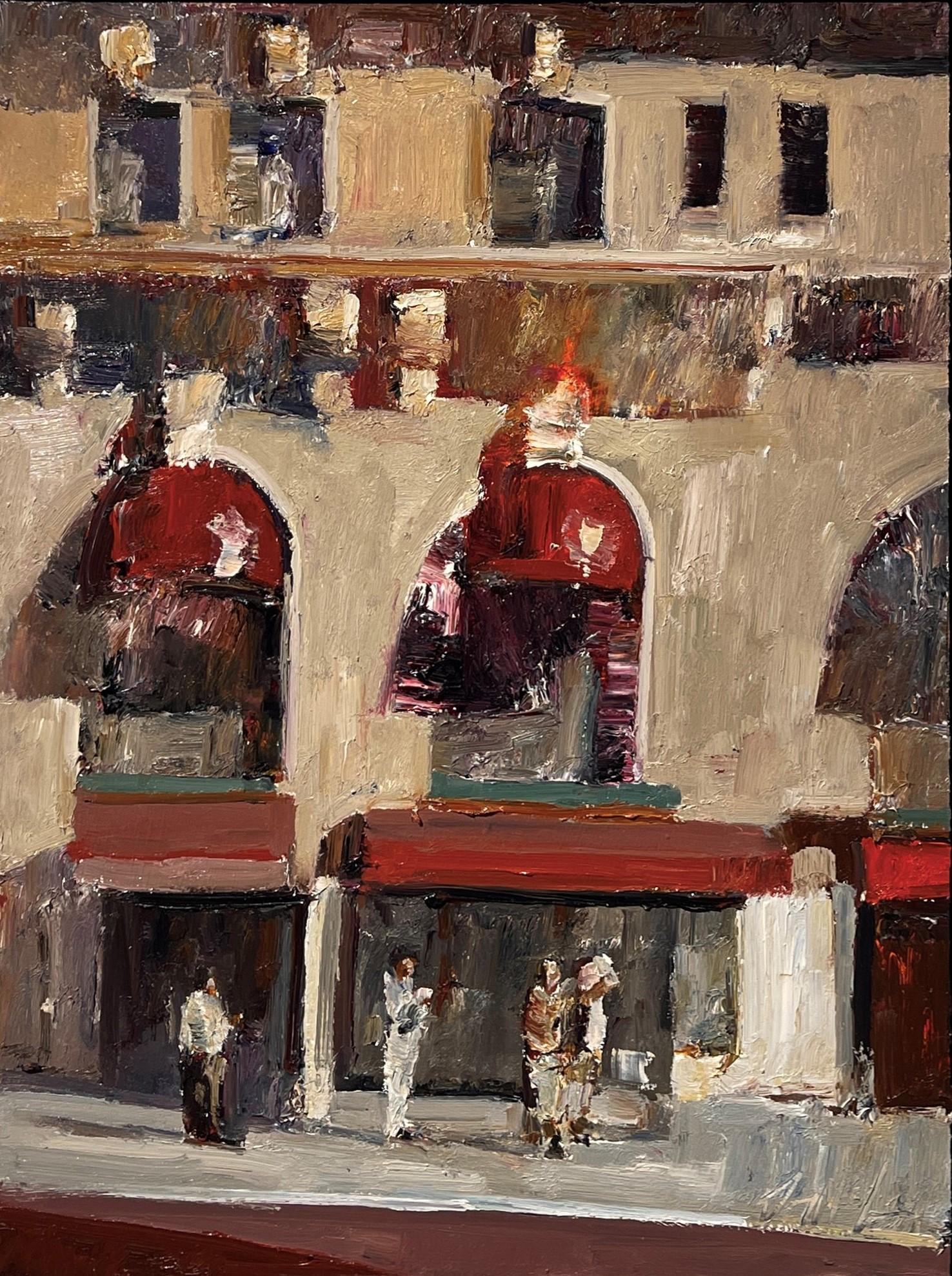 Danny McCaws (USA) "Afternoon Shadows" ist ein Ölgemälde mit pastosen Pinselstrichen, das ein Gebäude mit roten Markisen und Fußgängern zeigt. 

Bio/Künstlerische Erklärung:

Danny McCaw ist der jüngste Sohn des hochgelobten amerikanischen