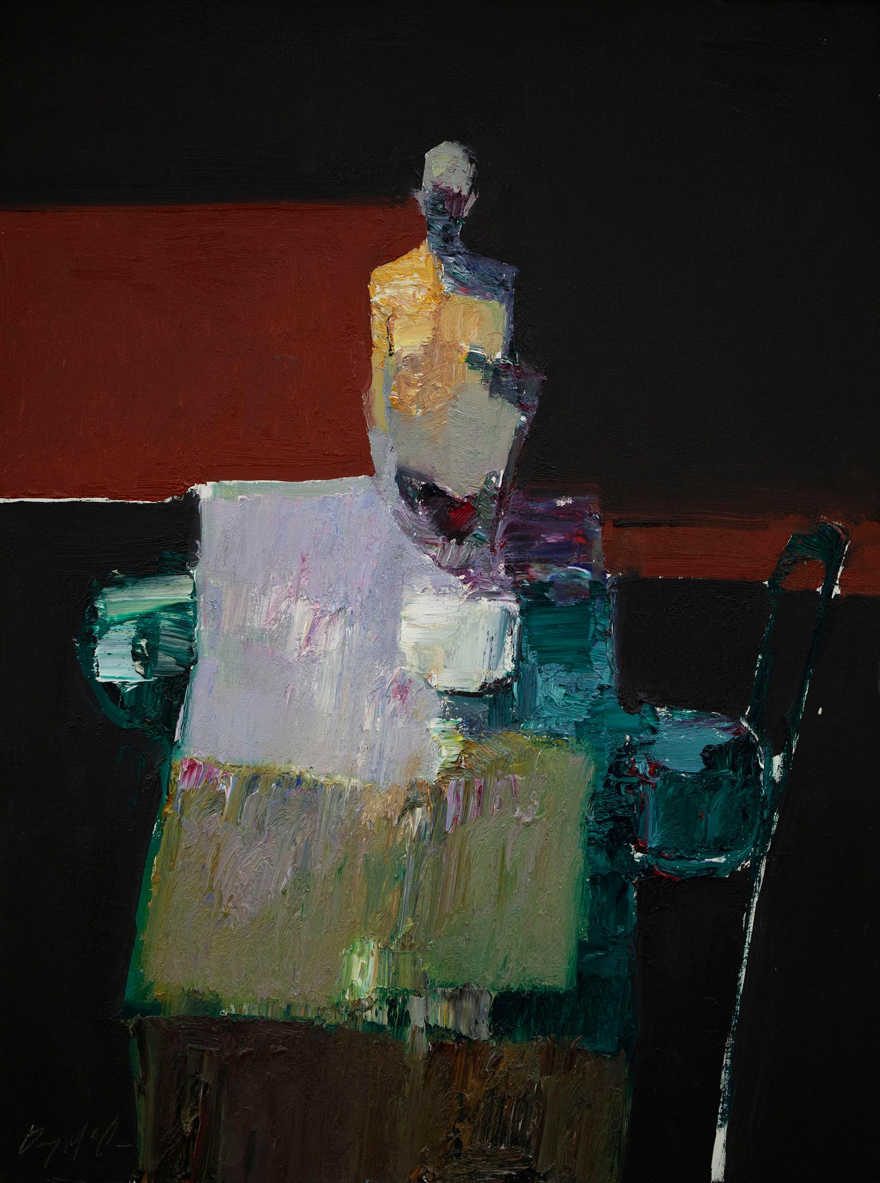 Danny McCaw Abstract Painting - "Figure at Table" Oil Painting