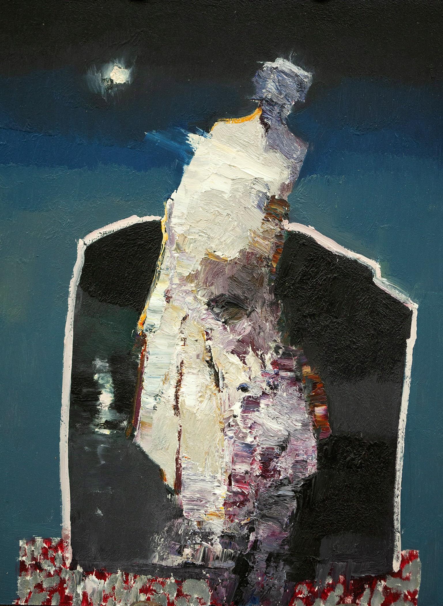 "Luce notturna" (2024) di Danny McCaw, ritratto astratto originale dipinto a olio