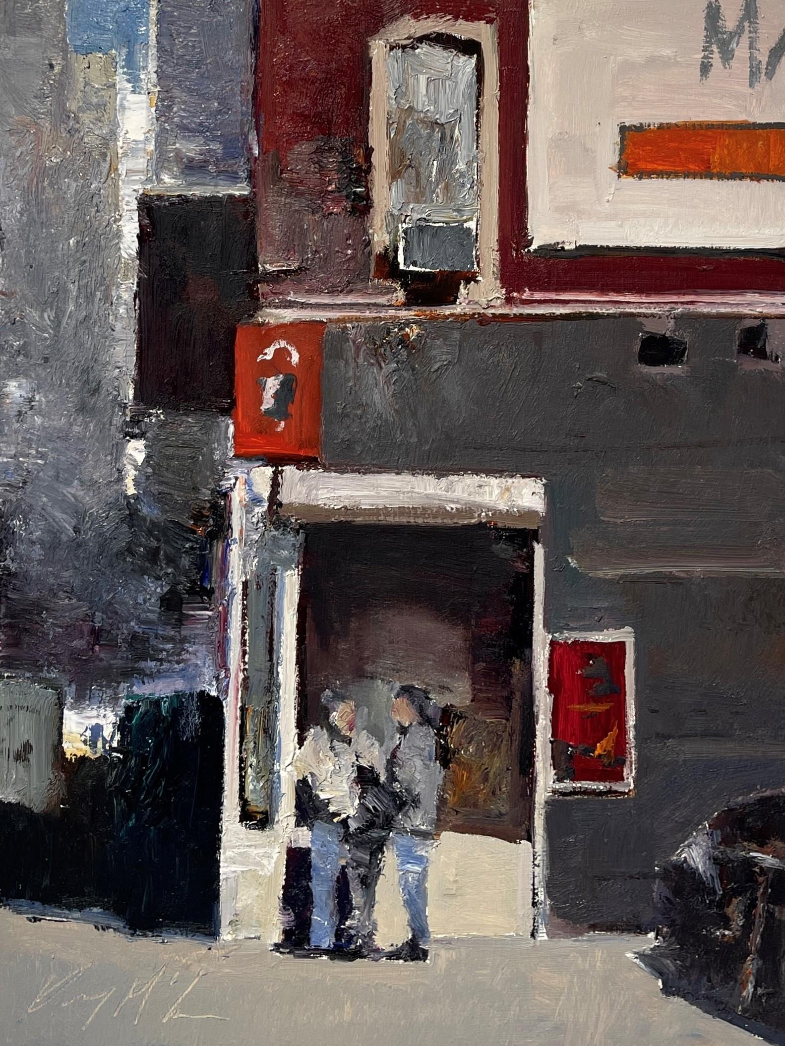 "Afternoon Shadows" di Danny McCaw (Stati Uniti) è un dipinto a olio con pennellate a impasto che raffigura un edificio con due pedoni in conversazione.

Bio/dichiarazione dell'artista:

Danny McCaw è il figlio minore dell'acclamato espressionista