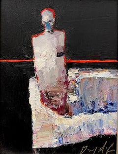 "Linea rossa" (2024) di Danny McCaw, ritratto astratto originale dipinto a olio