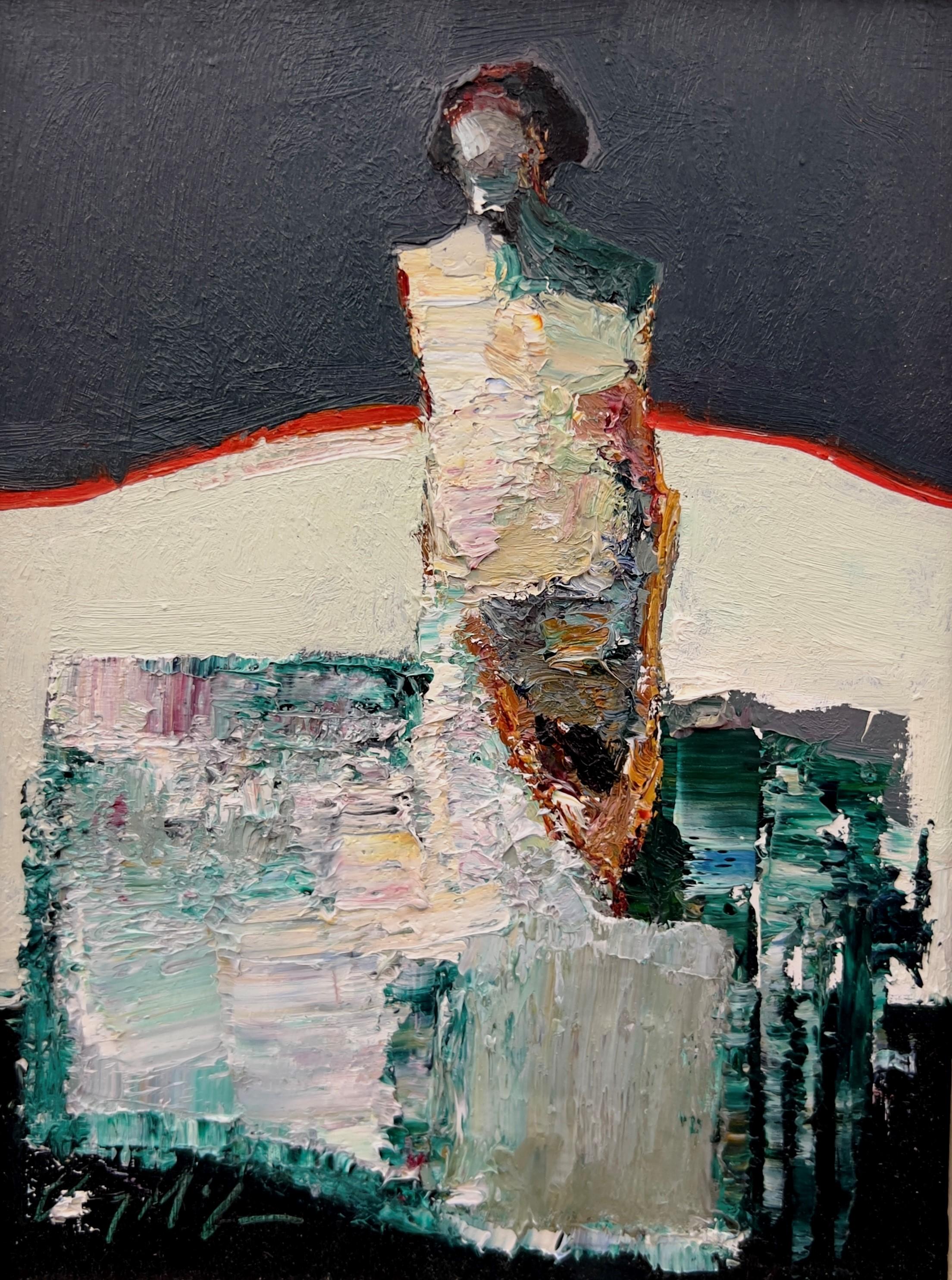 "Da spessa a sottile" (2024) di Danny McCaw, ritratto astratto originale dipinto a olio