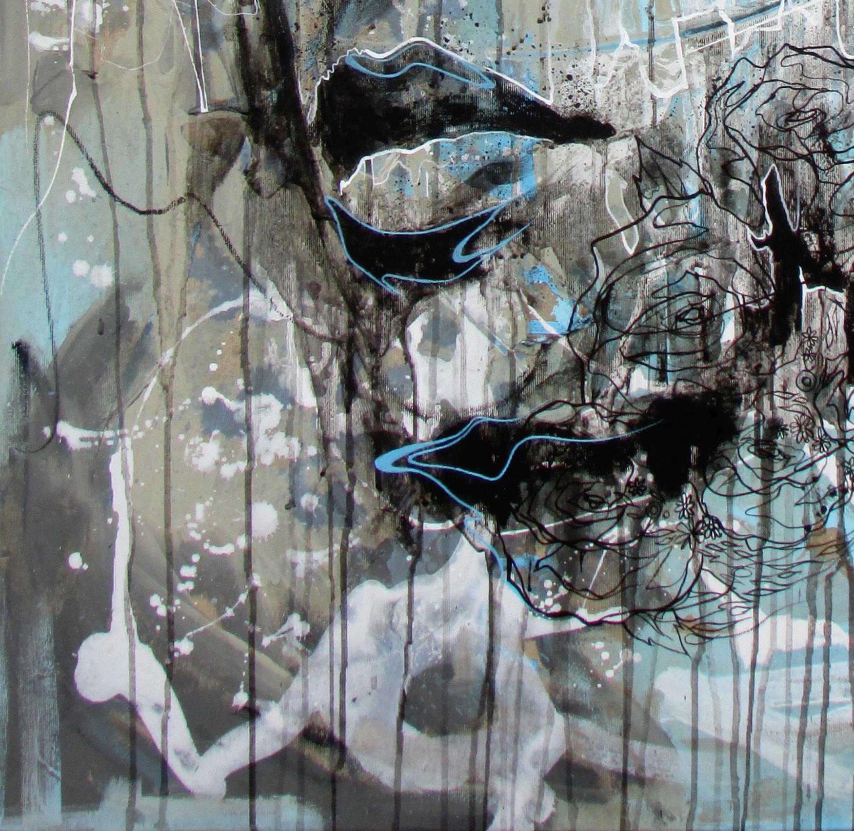 Catching My Daydreams - 21st Century, Contemporary Painting, Modern Portrait - Gray Portrait Painting by Danny O'Connor