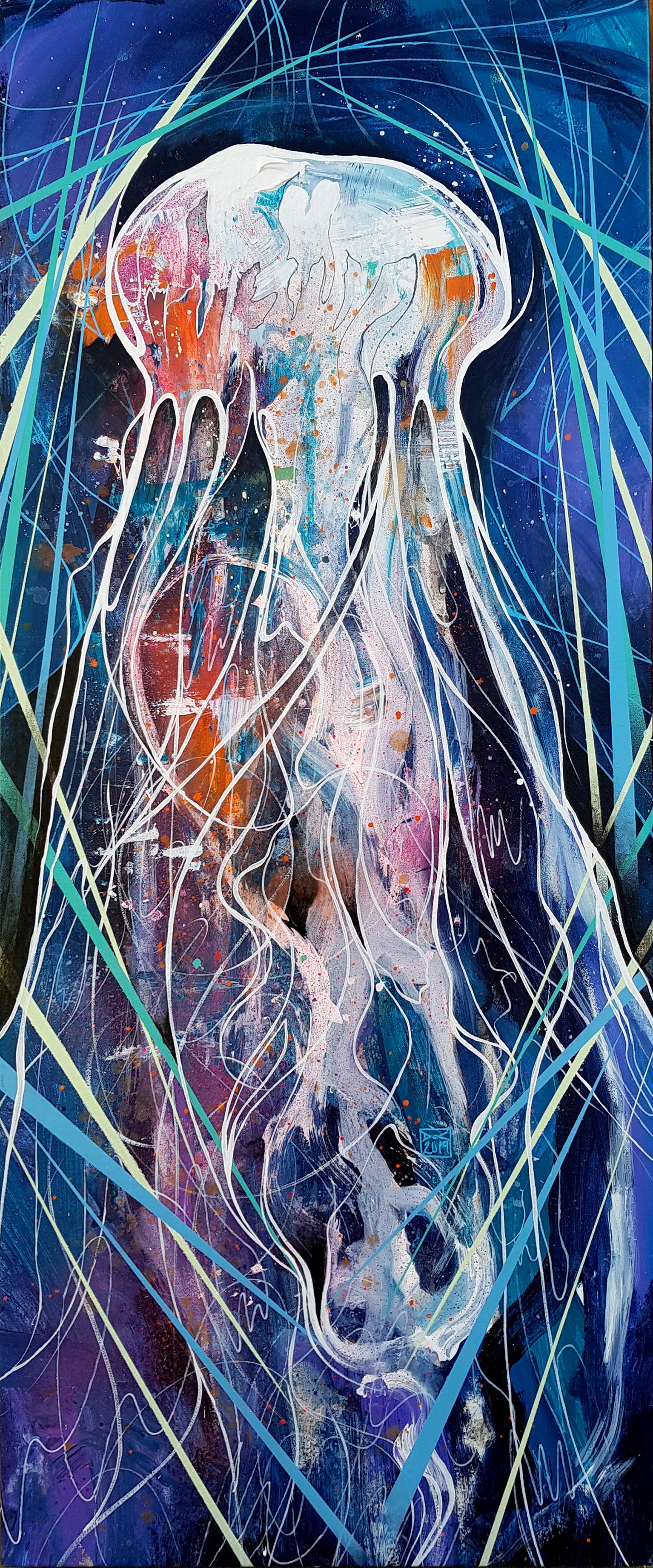 Danny O'Connor Figurative Painting – Jellyfish - 21. Jahrhundert, Zeitgenössisches Gemälde, Meerestier, Graffiti