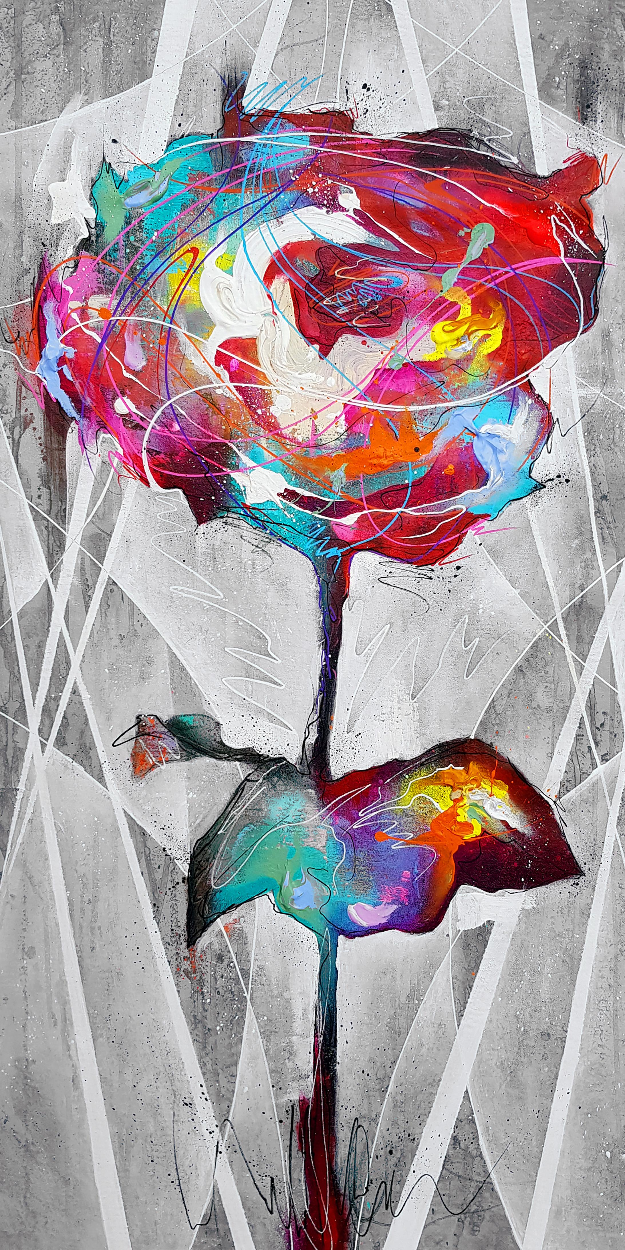 Rose - 21e siècle, peinture contemporaine, graffiti, fleur, technique mixte