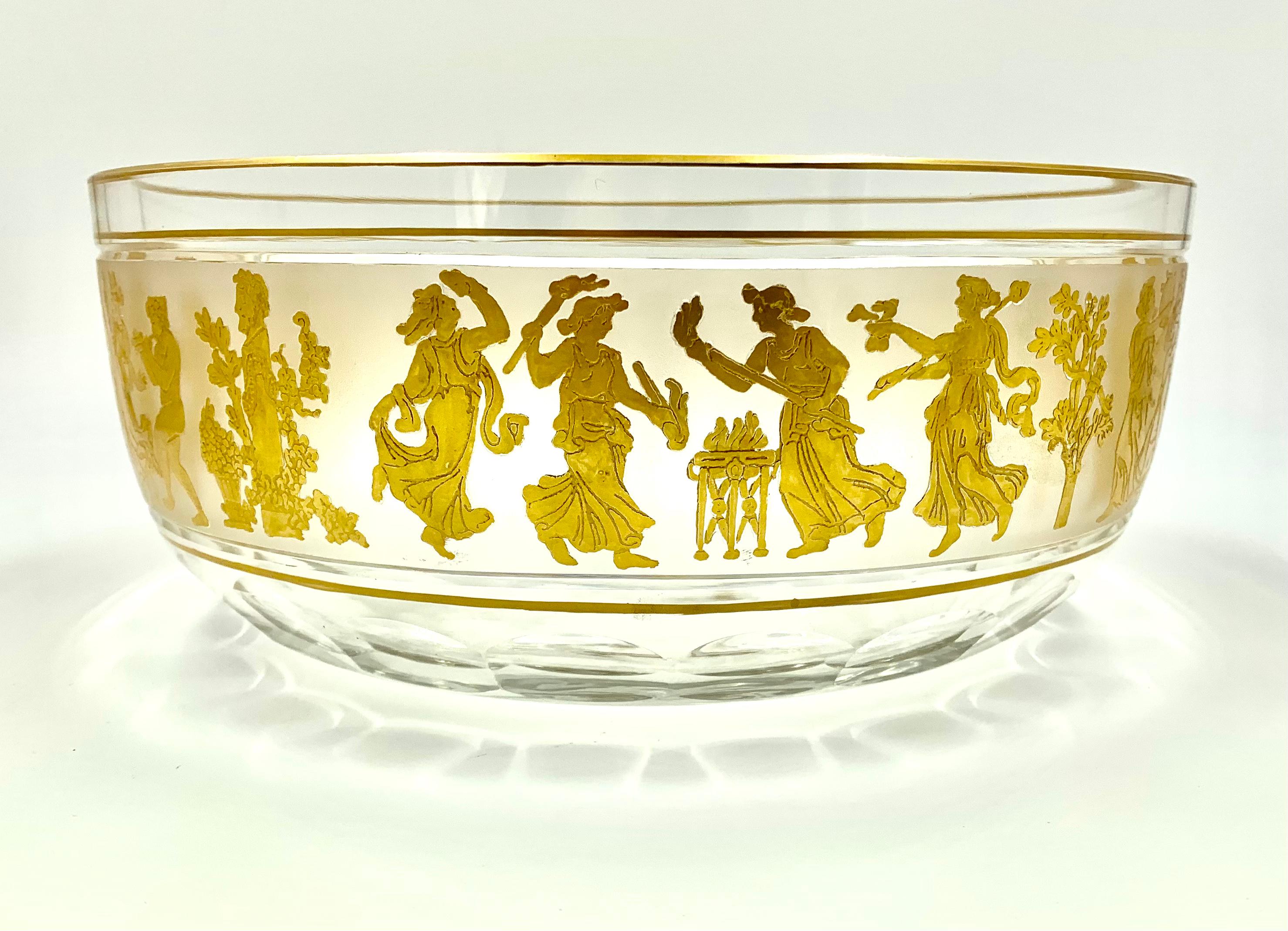 Large, beautiful estate sourced Val Saint Lambert centerpiece bowl in the famed Dans de Flore pattern. Featuring a neoclassical style Bacchanal procession of dancing Ancient Greek revelers in raised gold on a fine cut crystal background. The perfect