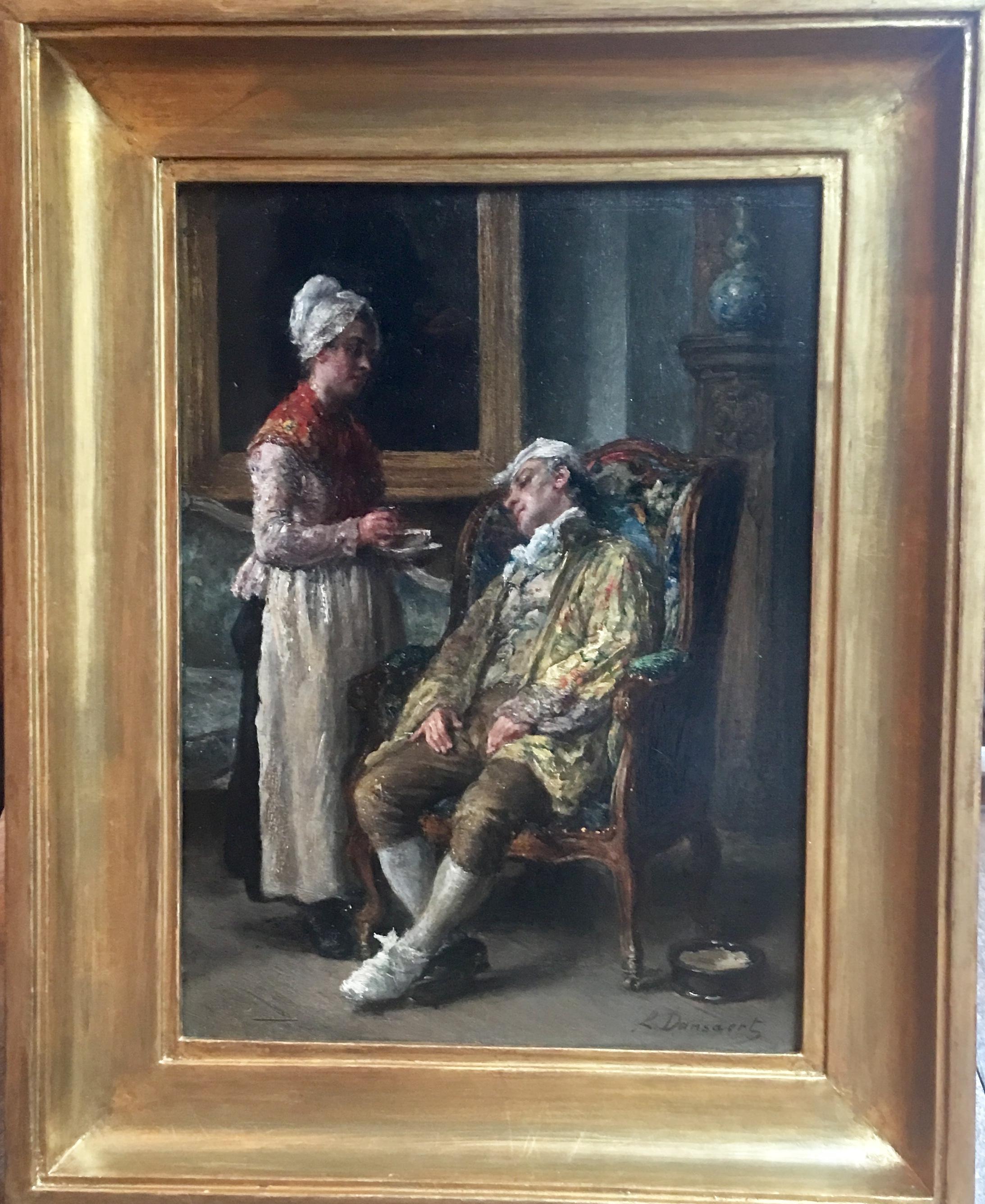 Der imaginäre Invalide, Öl auf Tafel, signiert Leon Marie DANSAERT.
 
Leon Marie Constant DANSAERT, Genremaler, geboren 1830 in Brüssel - gestorben 1909.  Ein Student der Ed. Bruder in Paris. 
 
Er nahm bald die französische Staatsbürgerschaft an