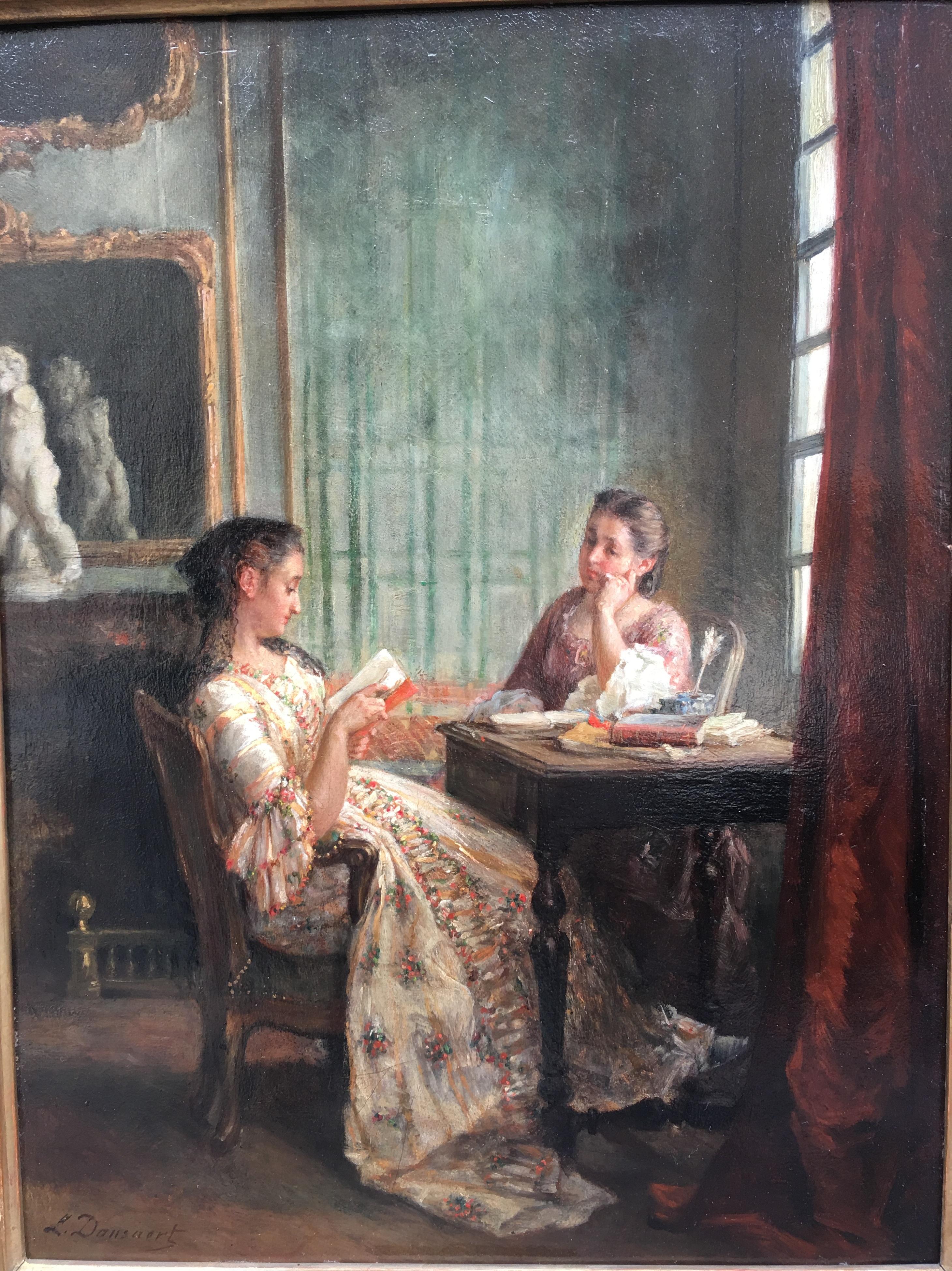 Dansaert Leon Marie Interior Painting - The Reading lesson, oil on panel, signed Leon Marie Dansaert, circa 1870