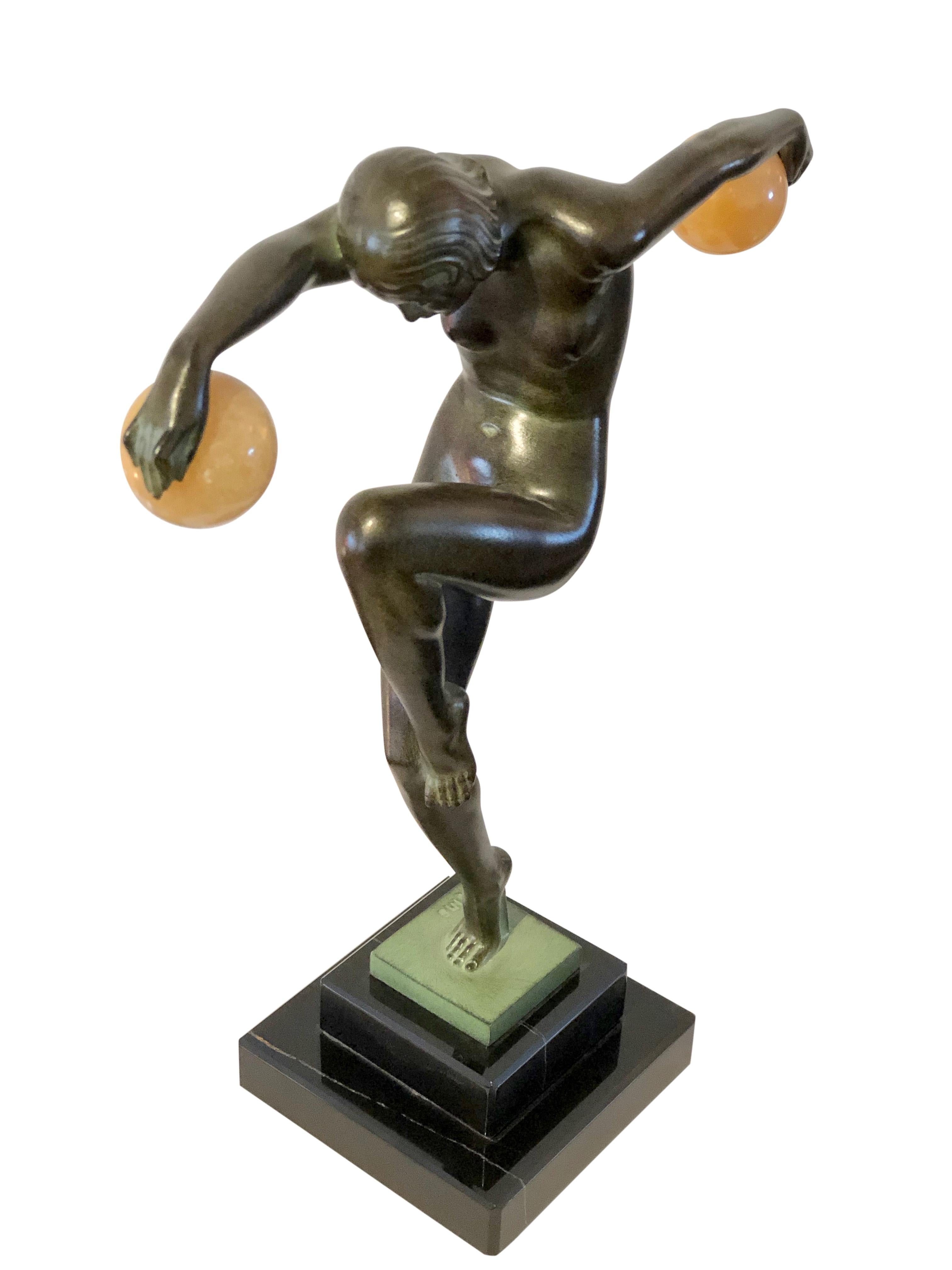 Patinated Danseuse Aux Boules French Sculpture in Spelter by Denis for Max Le Verrier
