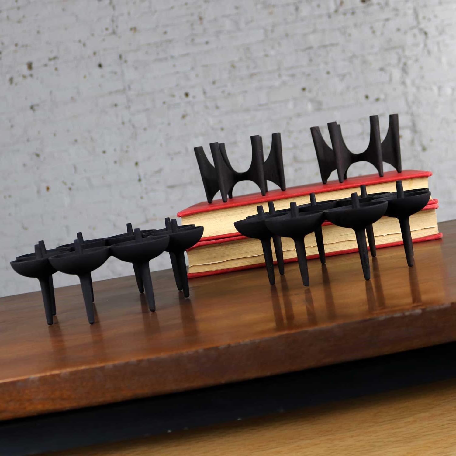 Handsome Dansk candleholders in the typical black iron finish. Both these pairs were designed by Borje Rajalin. They are in fabulous vintage condition. The Fiesta pair even has their original boxes. They are priced per pair, circa 1960s. 

I love