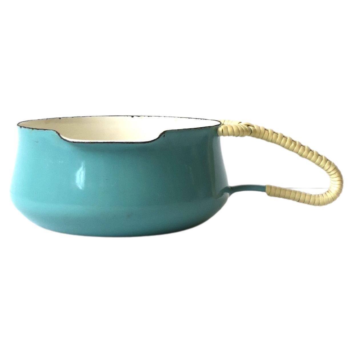 Dansk Danish Scandinavian Modern Sky Blue Enamel and Wicker Handle Pitcher Pot