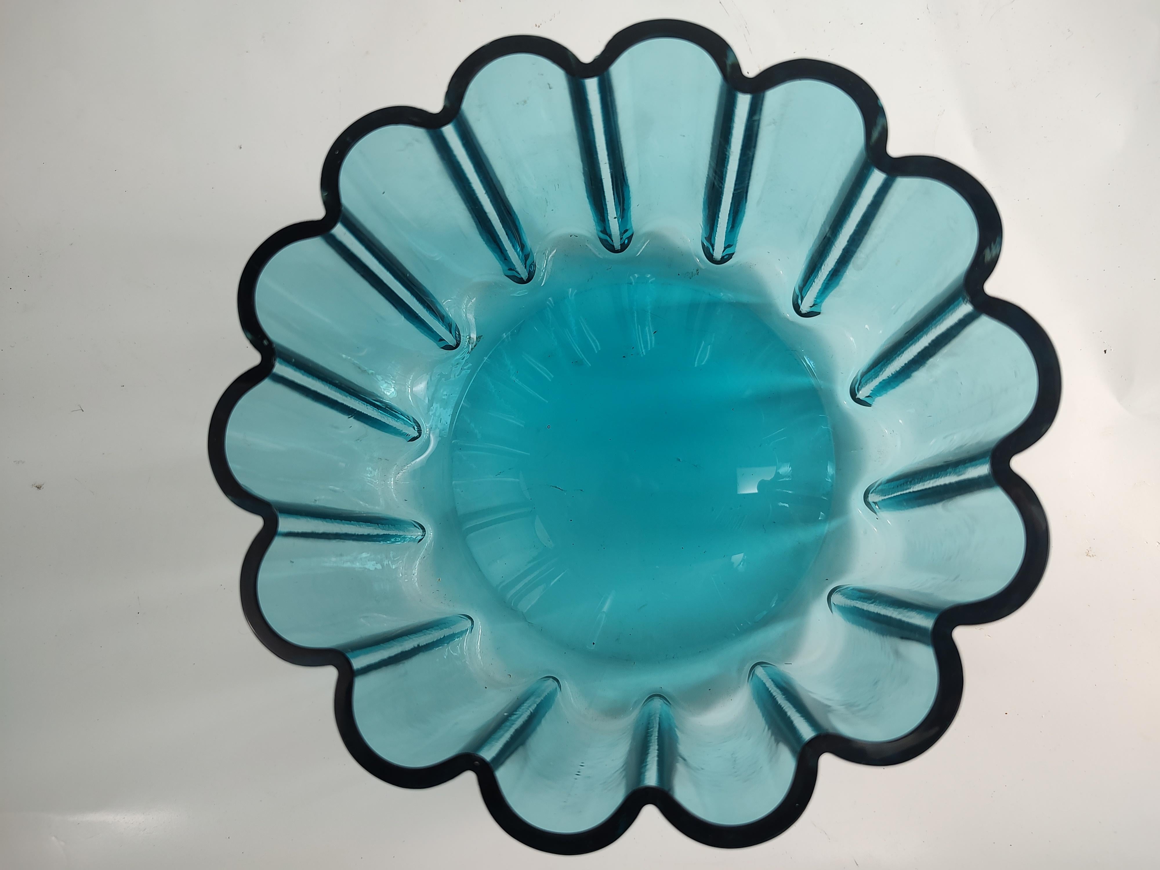 Scandinavian Modern Dansk Design Scalloped Blue Art Glass Vase Bowl by Jens Quistgaard For Sale