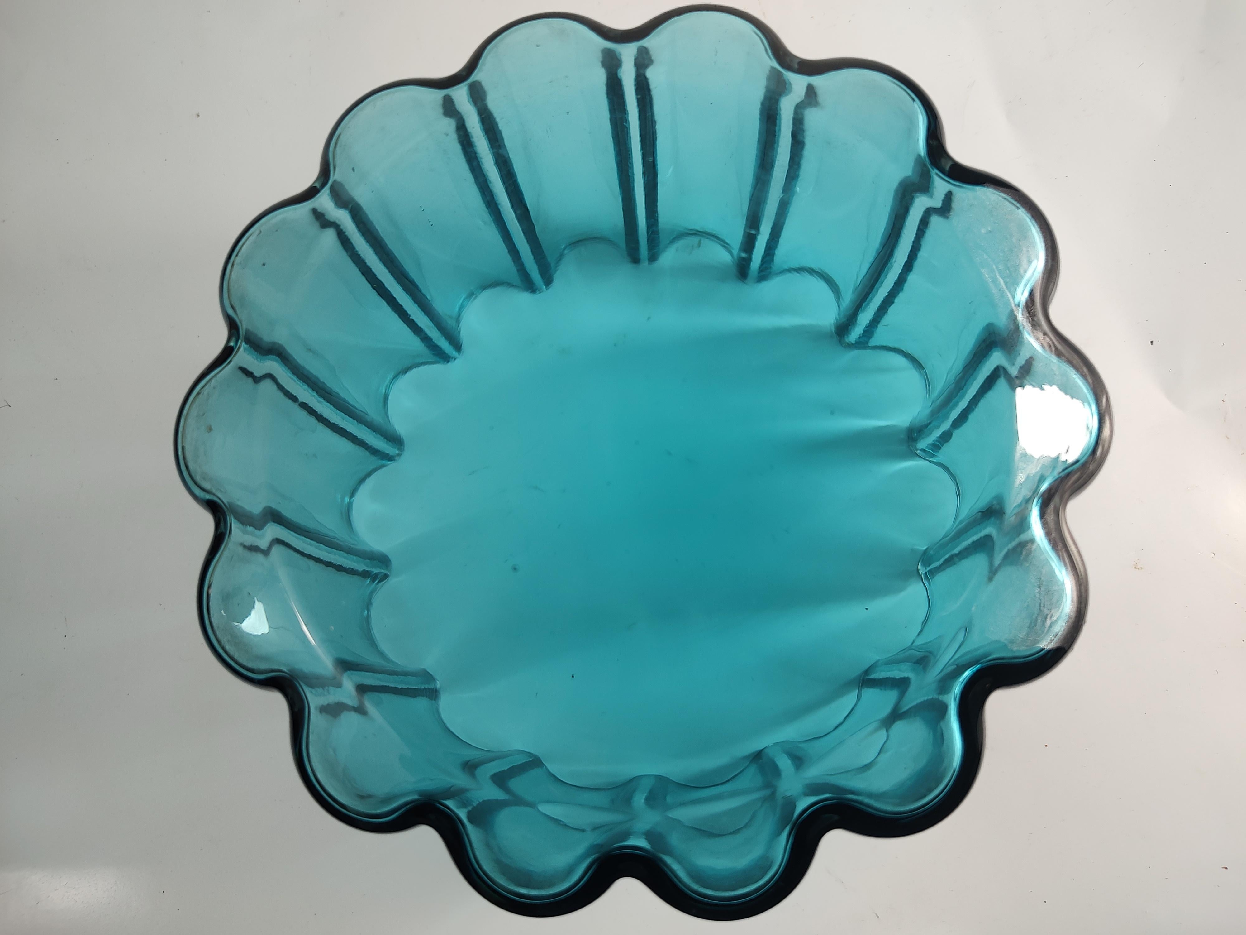 Scandinavian Modern Dansk Design Scalloped Blue Art Glass Vase Bowl by Jens Quistgaard For Sale