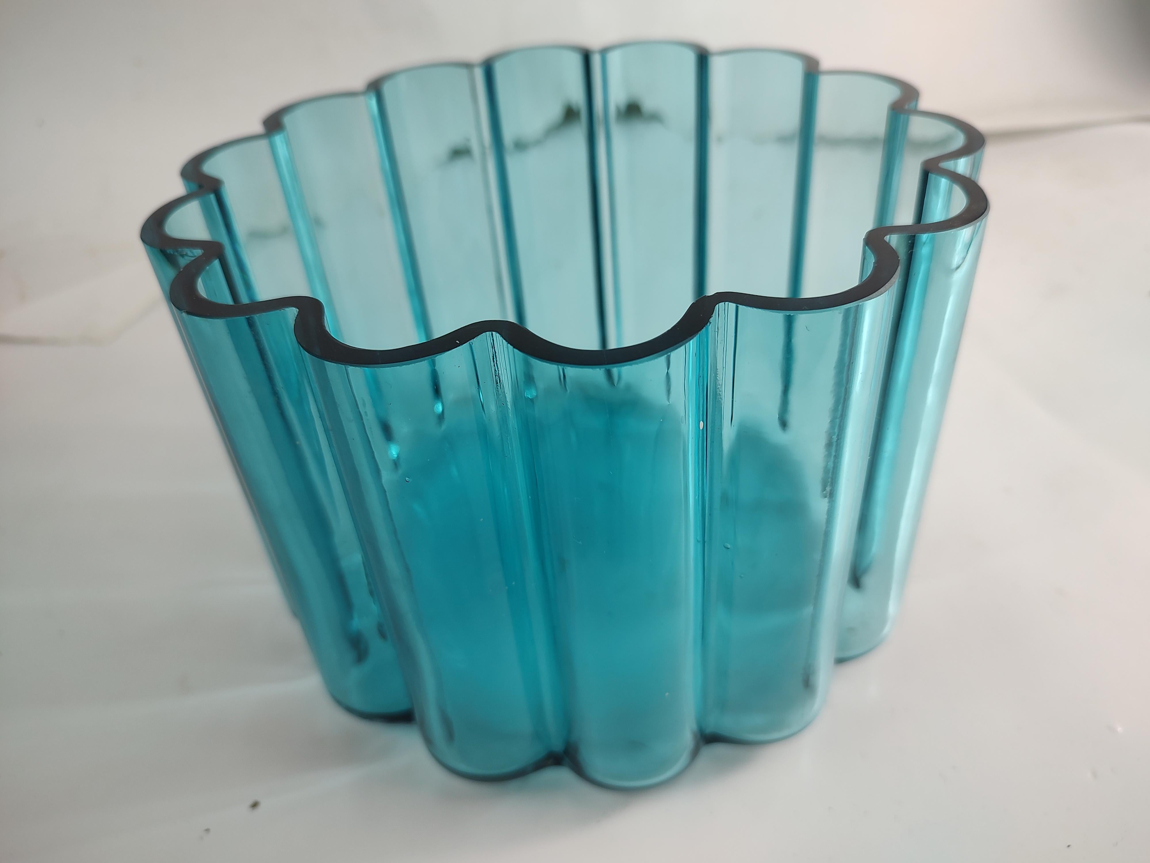 Hand-Crafted Dansk Design Scalloped Blue Art Glass Vase Bowl by Jens Quistgaard For Sale