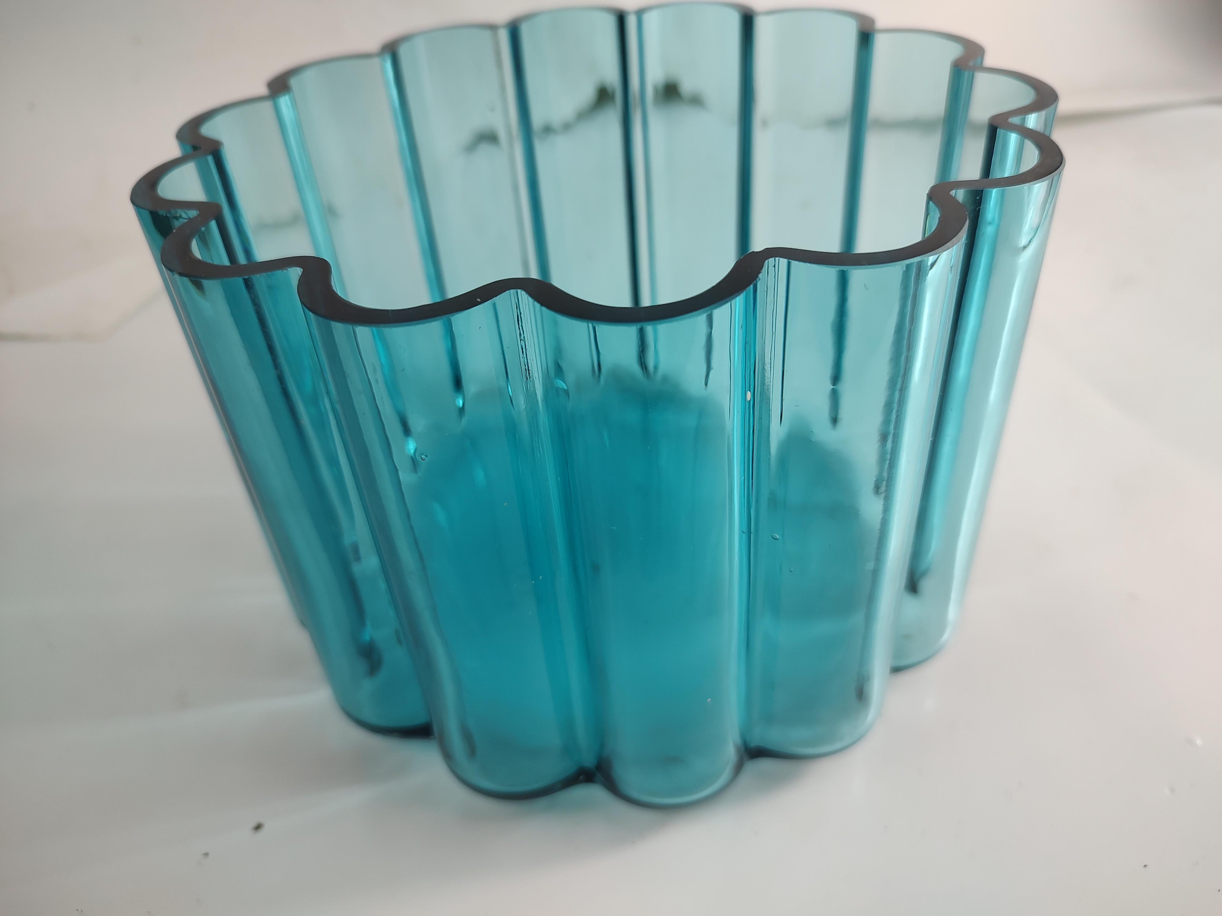 Late 20th Century Dansk Design Scalloped Blue Art Glass Vase Bowl by Jens Quistgaard For Sale