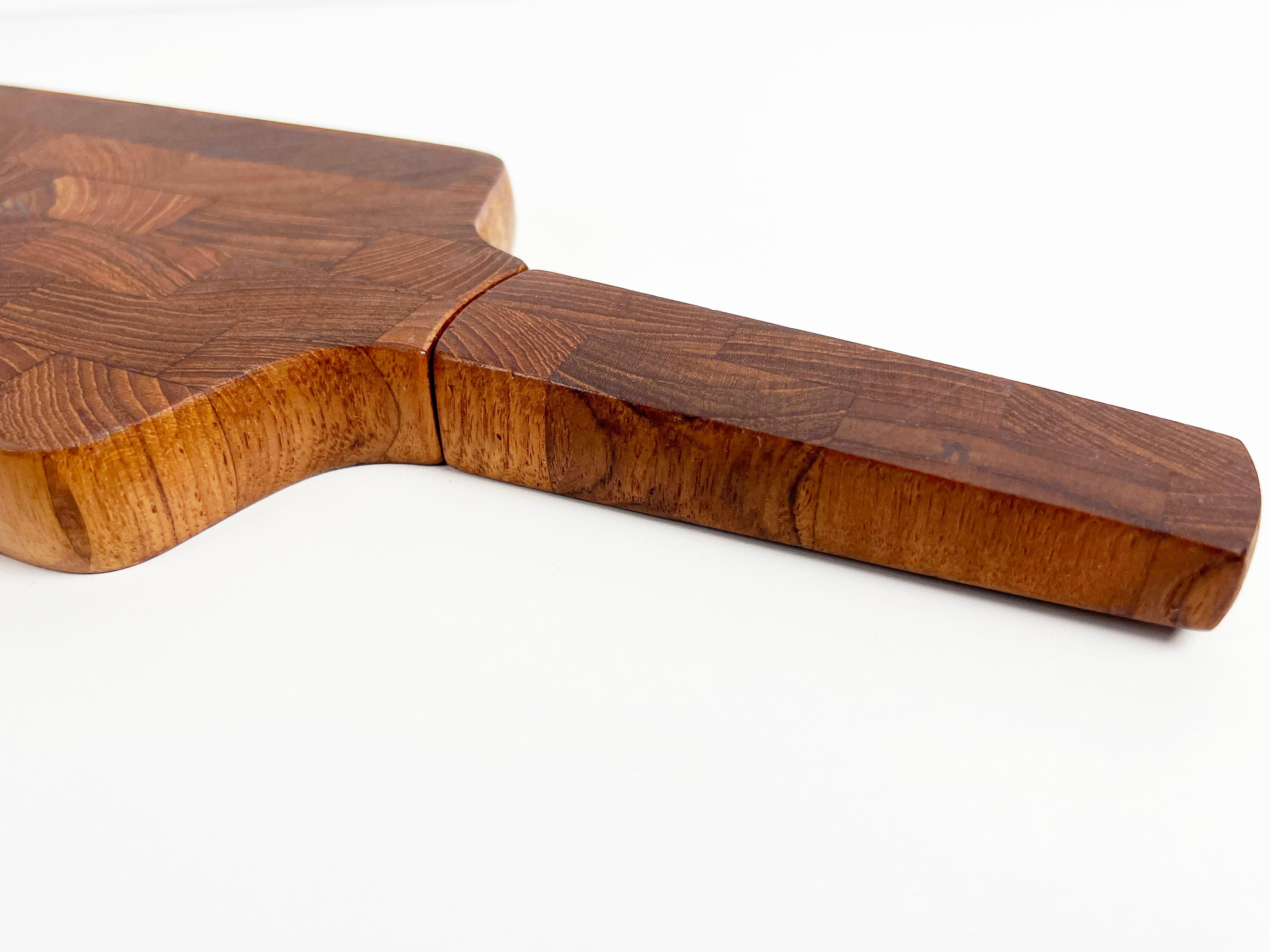 Danish Dansk End Grain Teak Paddle Shaped Serving Board with Built in Knife For Sale