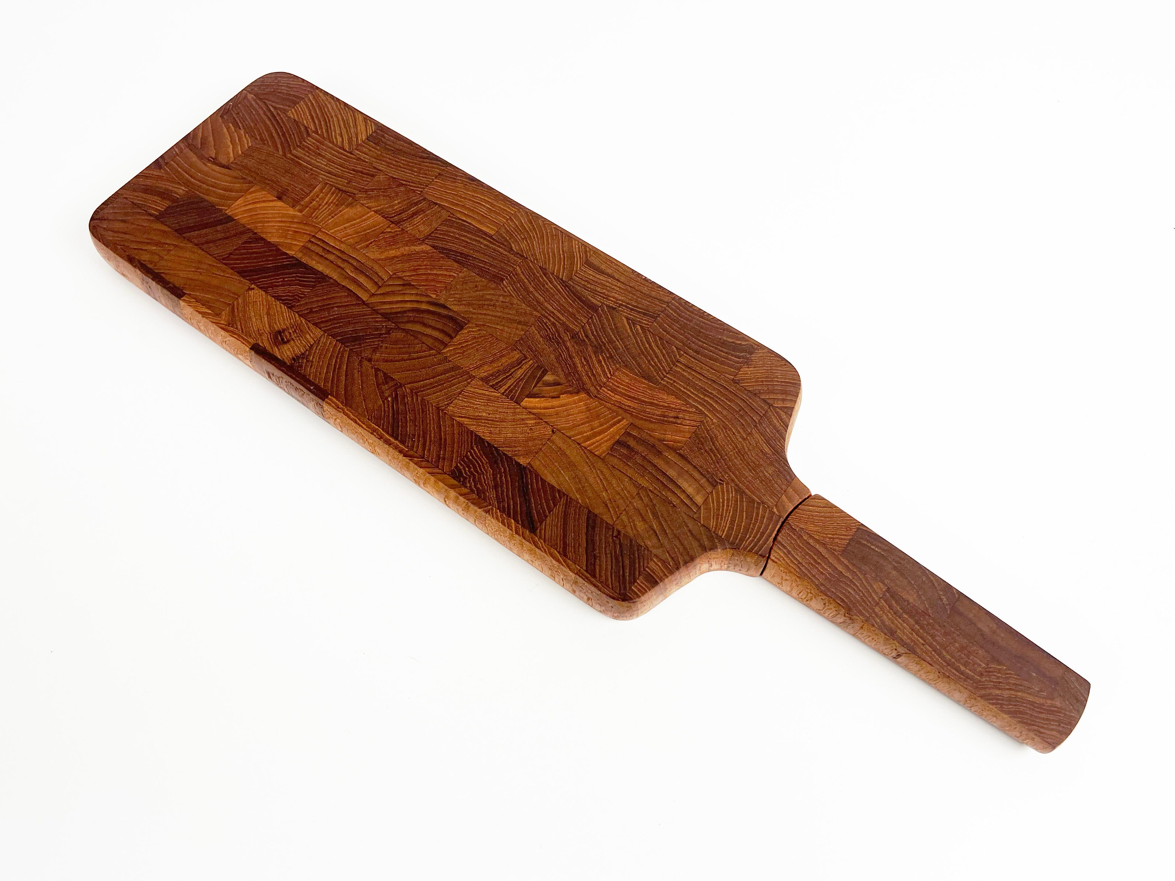 Stainless Steel Dansk End Grain Teak Paddle Shaped Serving Board with Built in Knife For Sale