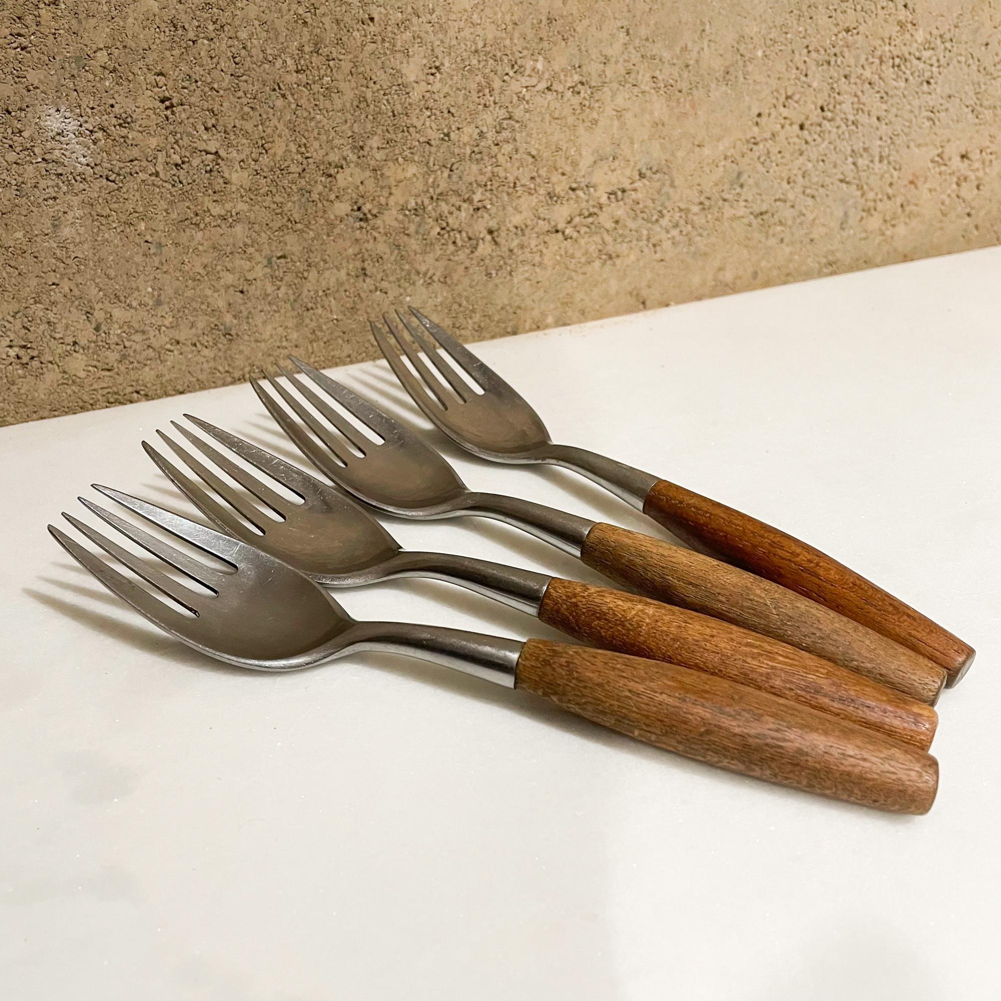 Mid-20th Century Dansk Germany Fjord Flatware Set 4 Teak & Stainless Dinner Forks Quistgaard 1954