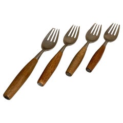 Vintage Dansk Germany Fjord Flatware Set 4 Teak & Stainless Dinner Forks Quistgaard 1954