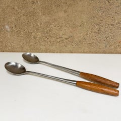 Dansk IHQ Germany Fjord Set 2 Long Cocktail Bar Tea Spoons Teak & Stainless 1954