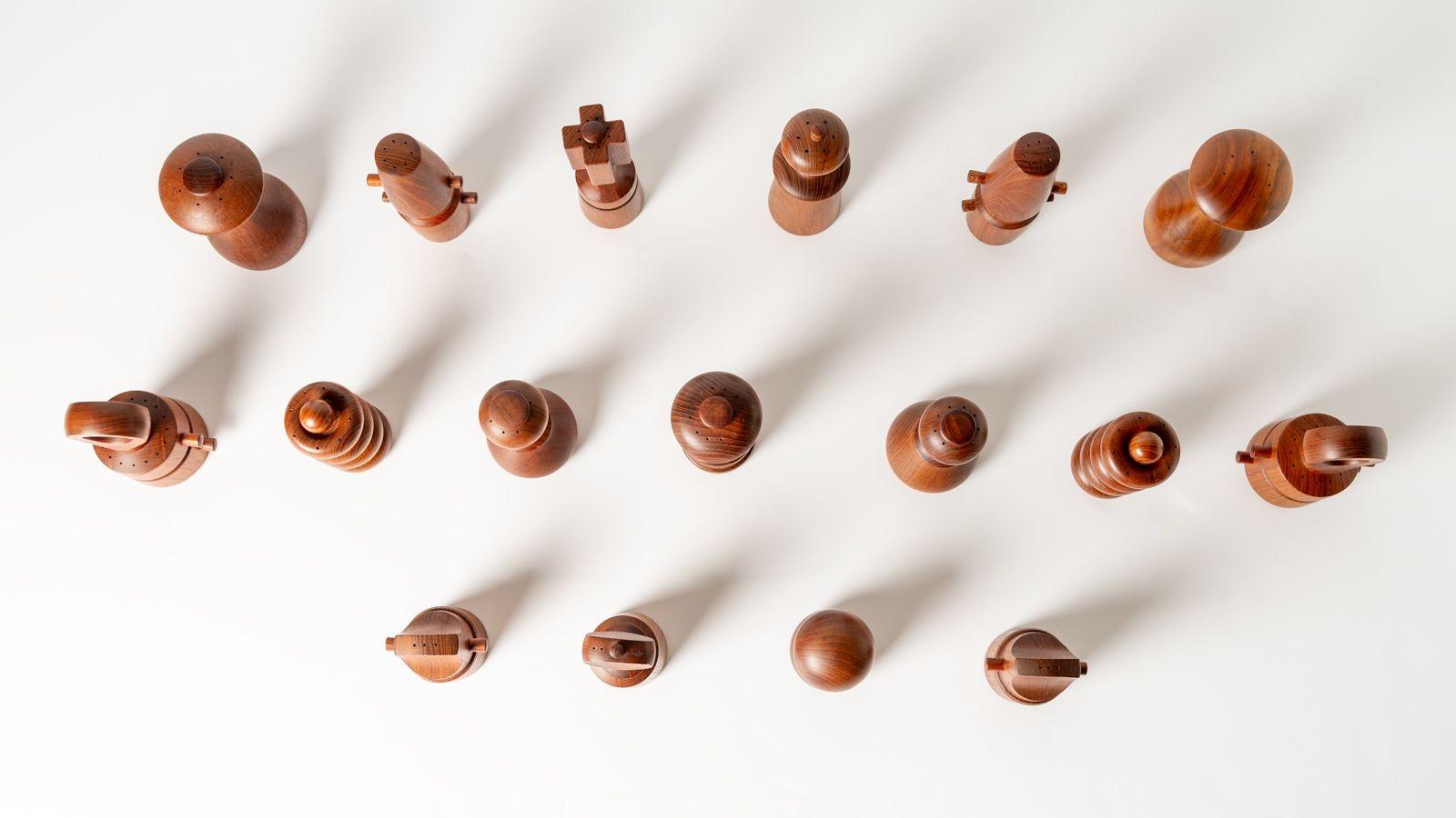 This is a curated collection of Dansk Pepper Mills Designed to be displayed symmetrically to resemble one side of a chess board. All of the grinders are functional and all of the teak has been cleaned and oiled. This collection was accumulated over